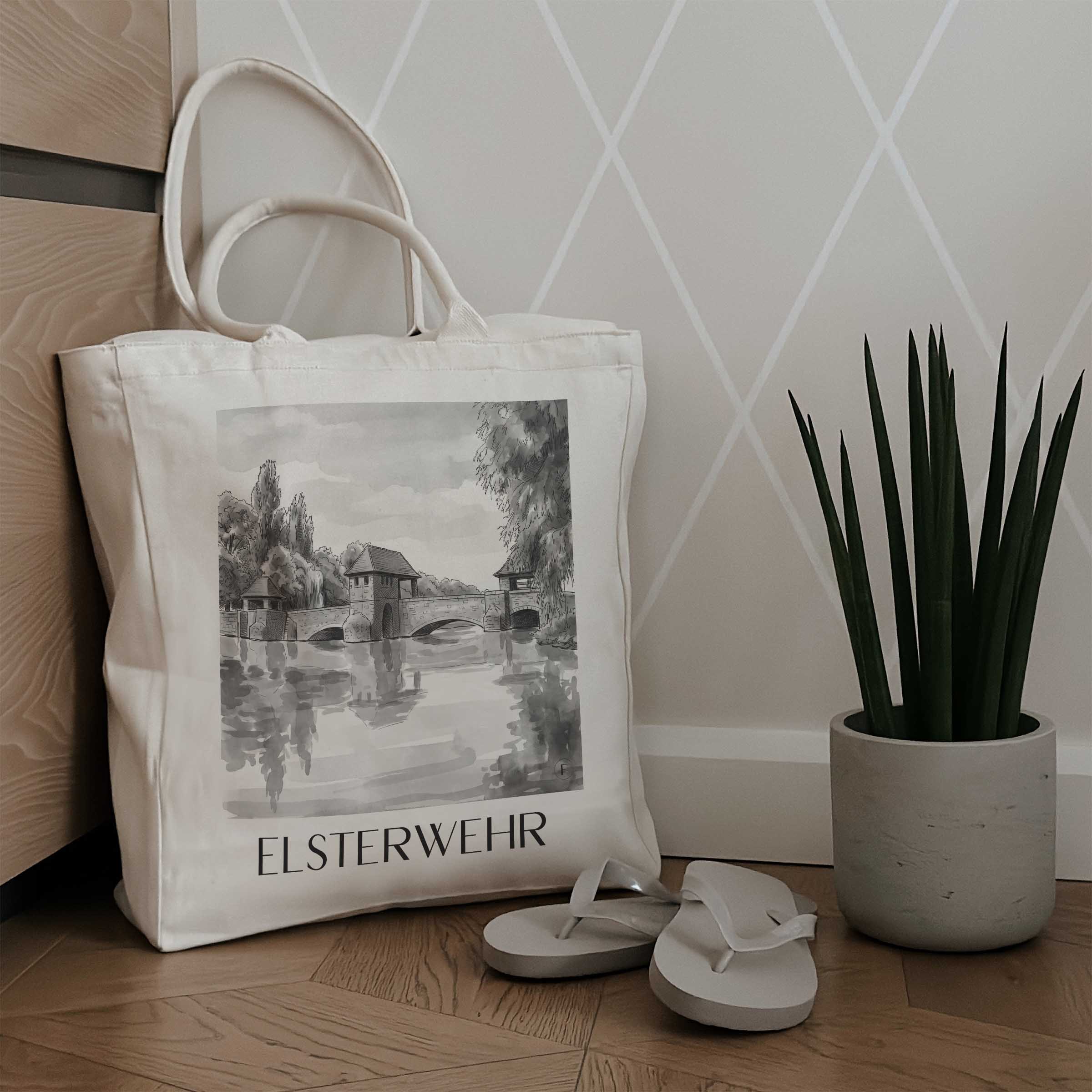elsterwehr-leipzig-deutschland-einkaufstasche-aquarell-schwarz-weiss