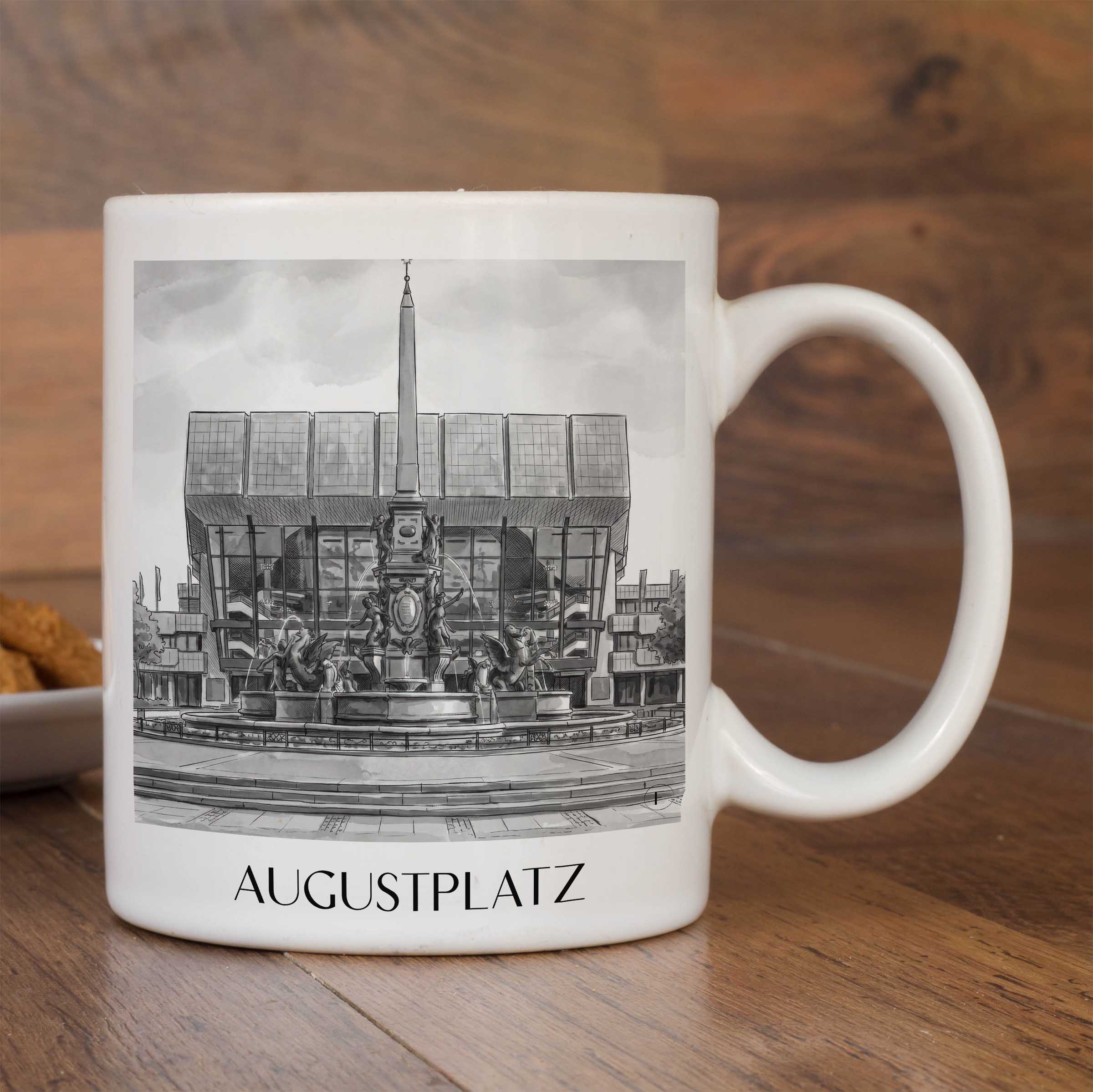 augustplatz-leipzig-deutschland-kaffeebecher-aquarell-schwarz-weiss