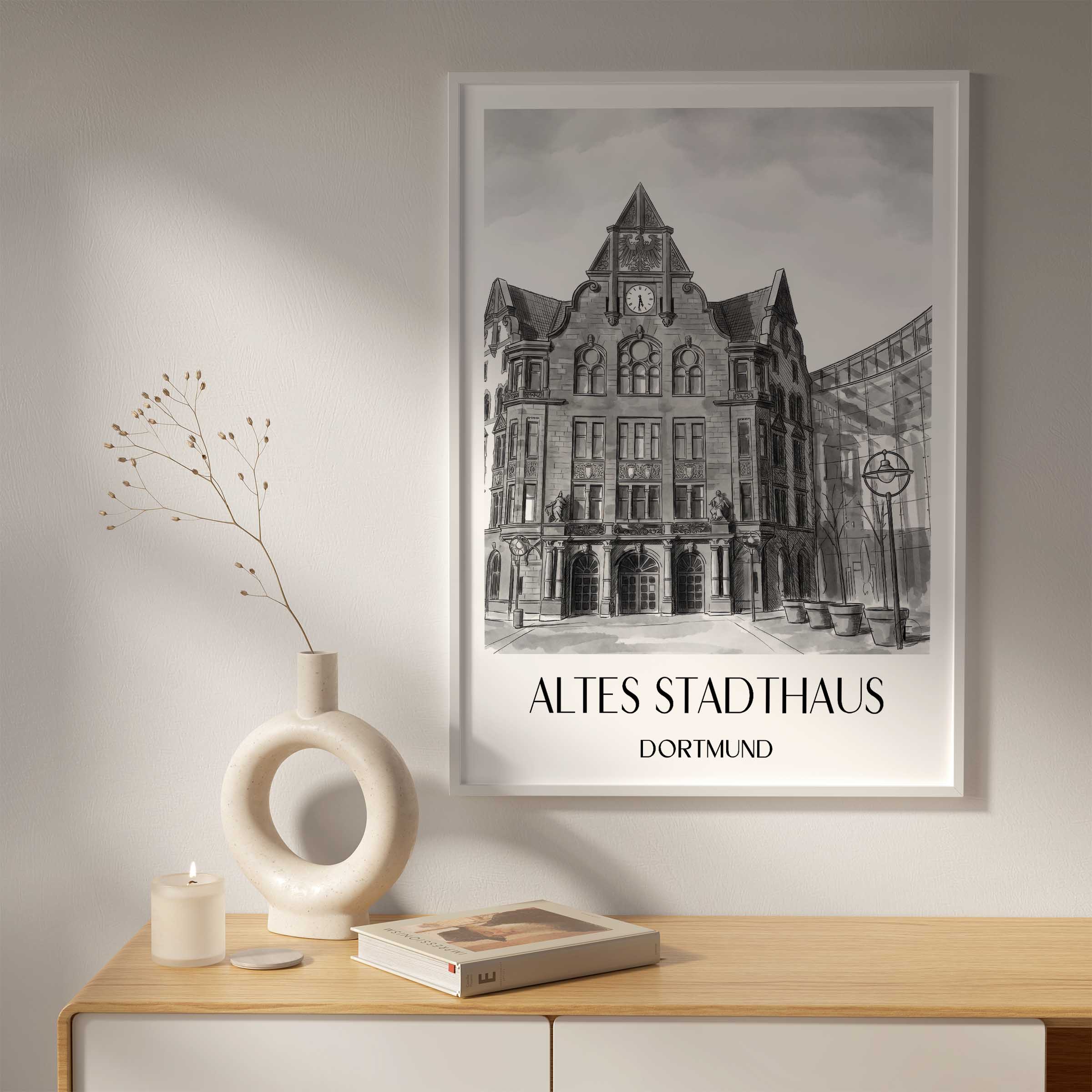 altes-stadthaus-dortmund-deutschland-poster-aquarell-schwarz-weiss