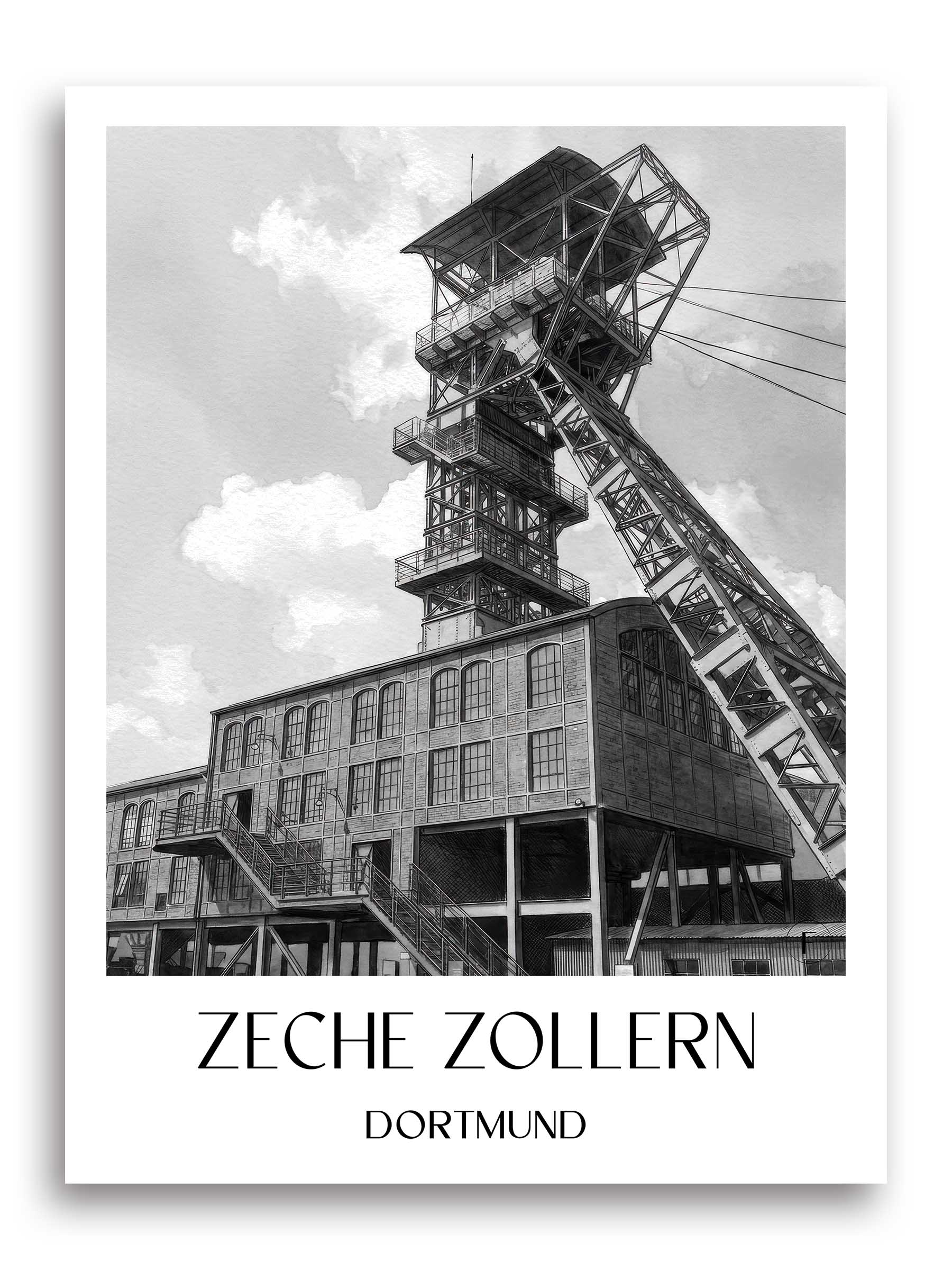 Zeche Zollern Poster - Dortmund - Deutschland Kunstdruck - Aquarell Schwarz-Weiß von A4 bis A1