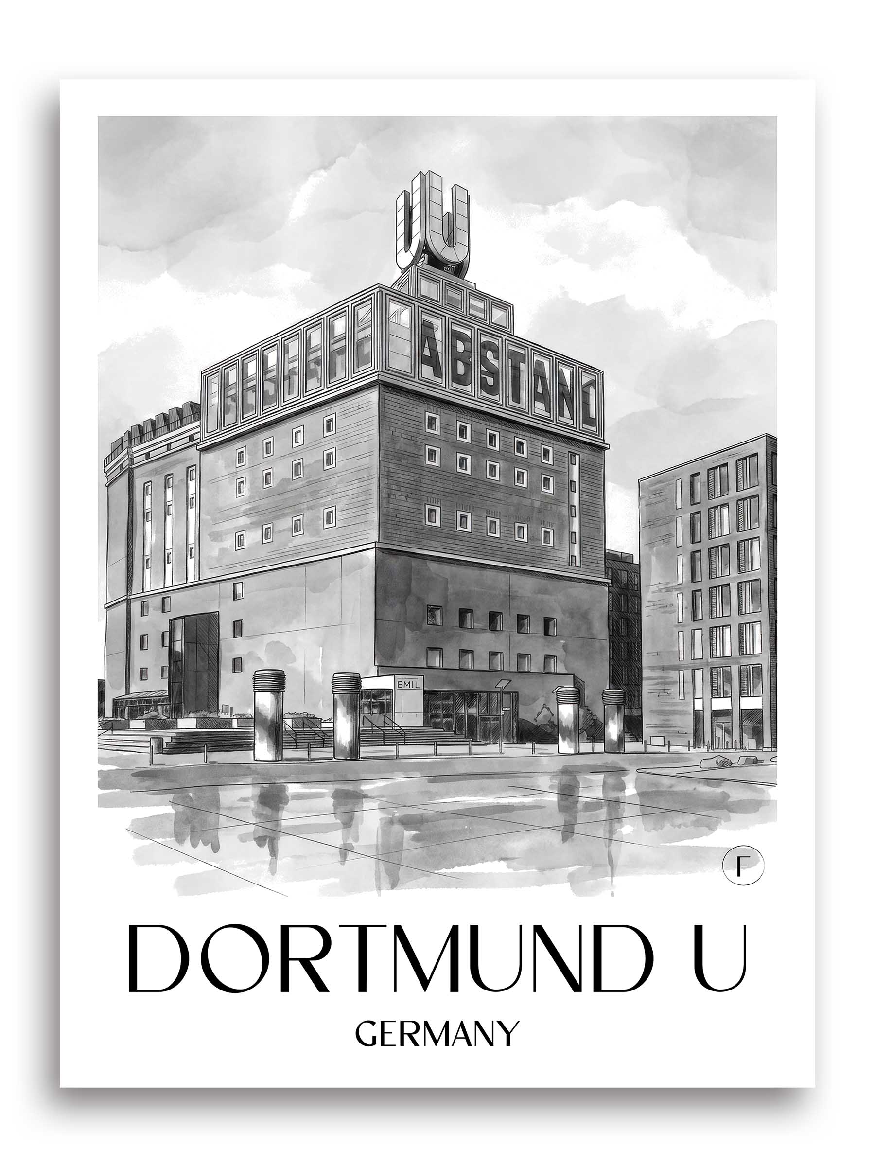 Dortmund U Poster - - Deutschland Kunstdruck - Aquarell Schwarz-Weiß von A4 bis A1
