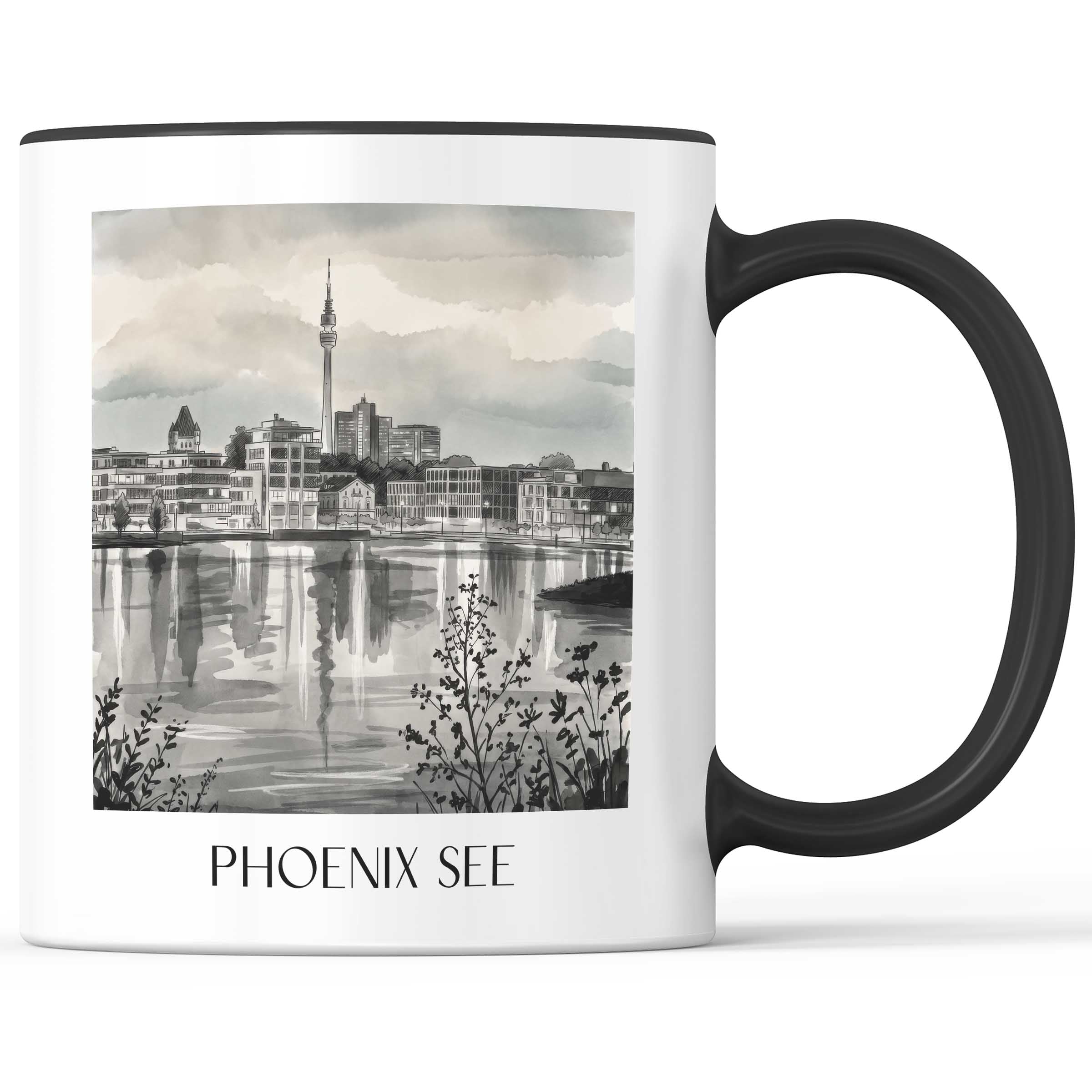 phoenix-see-dortmund-deutschland-kaffeebecher-aquarell-schwarz-weiss