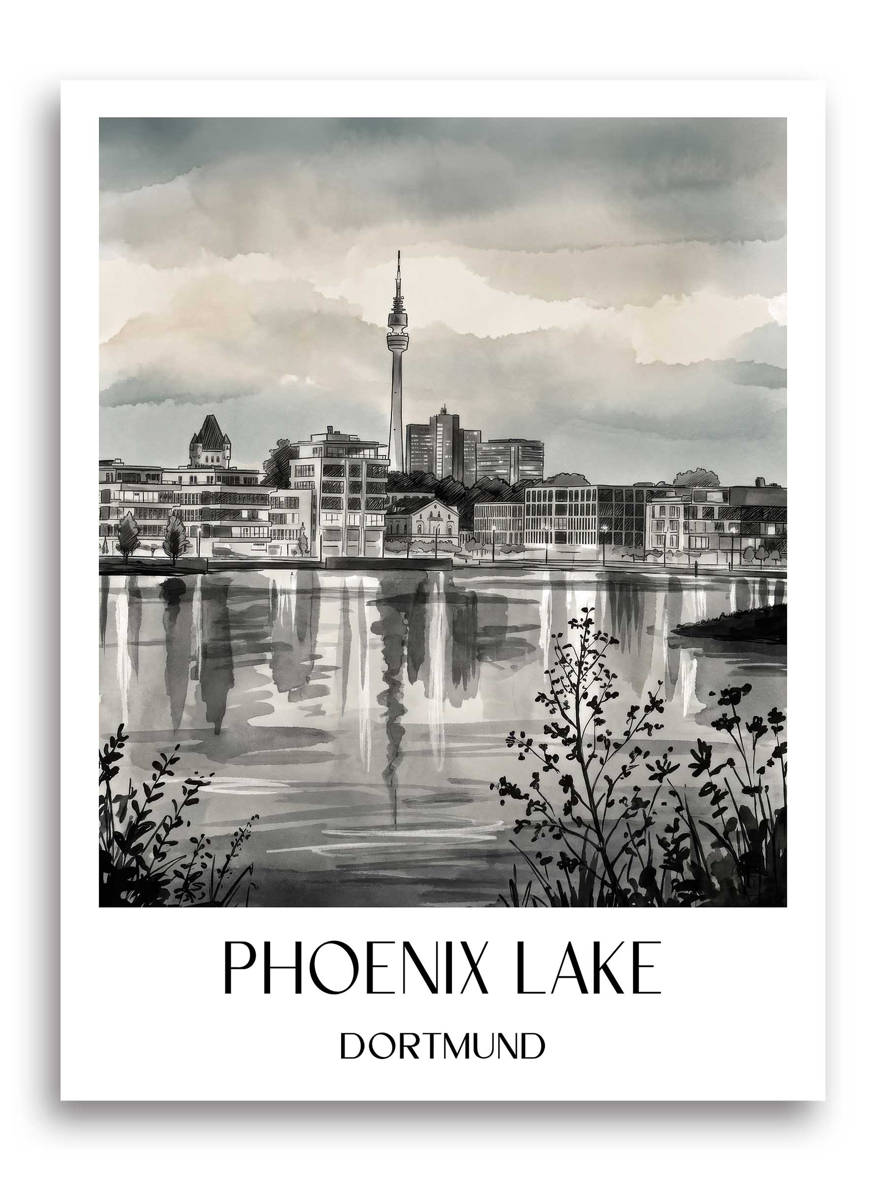 Phoenix See Poster - Dortmund - Deutschland Kunstdruck - Aquarell Schwarz-Weiß von A4 bis A1