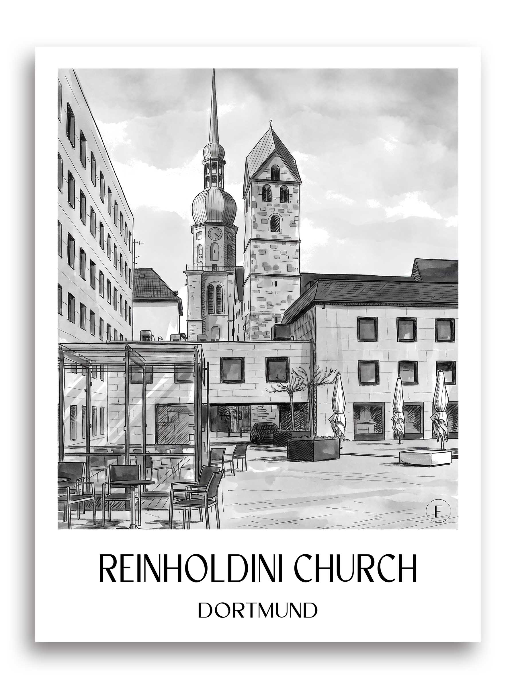 Reinholdinikirche Poster - Dortmund - Deutschland Kunstdruck - Aquarell Schwarz-Weiß von A4 bis A1