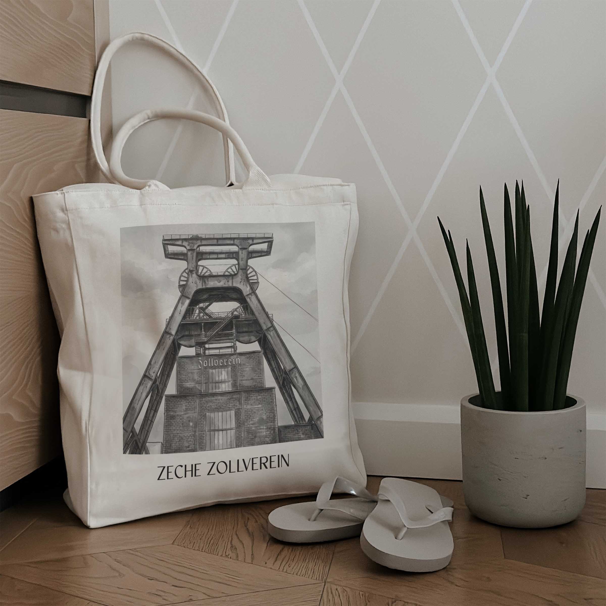 zeche-zollverein-essen-deutschland-einkaufstasche-aquarell-schwarz-weiss