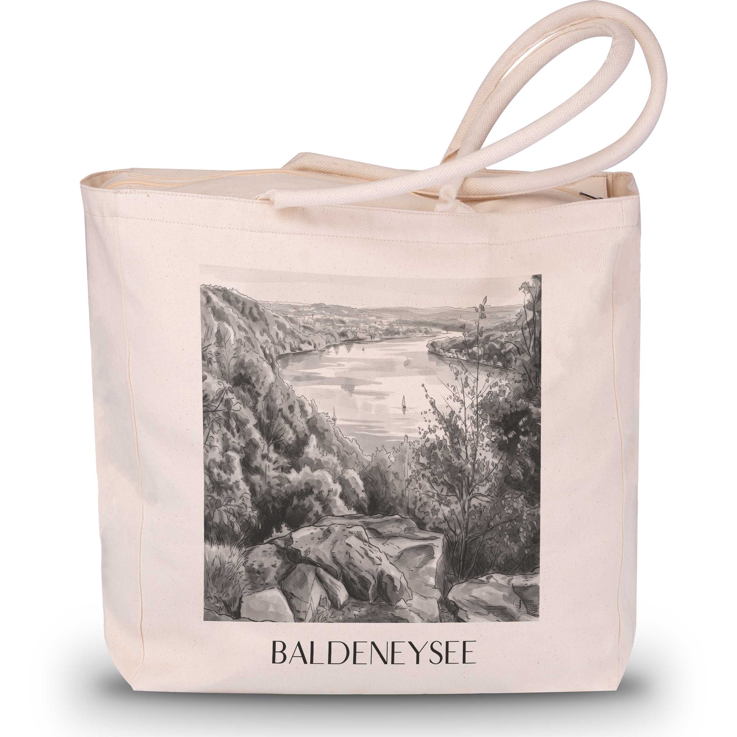 baldeneysee-essen-deutschland-einkaufstasche-aquarell-schwarz-weiss