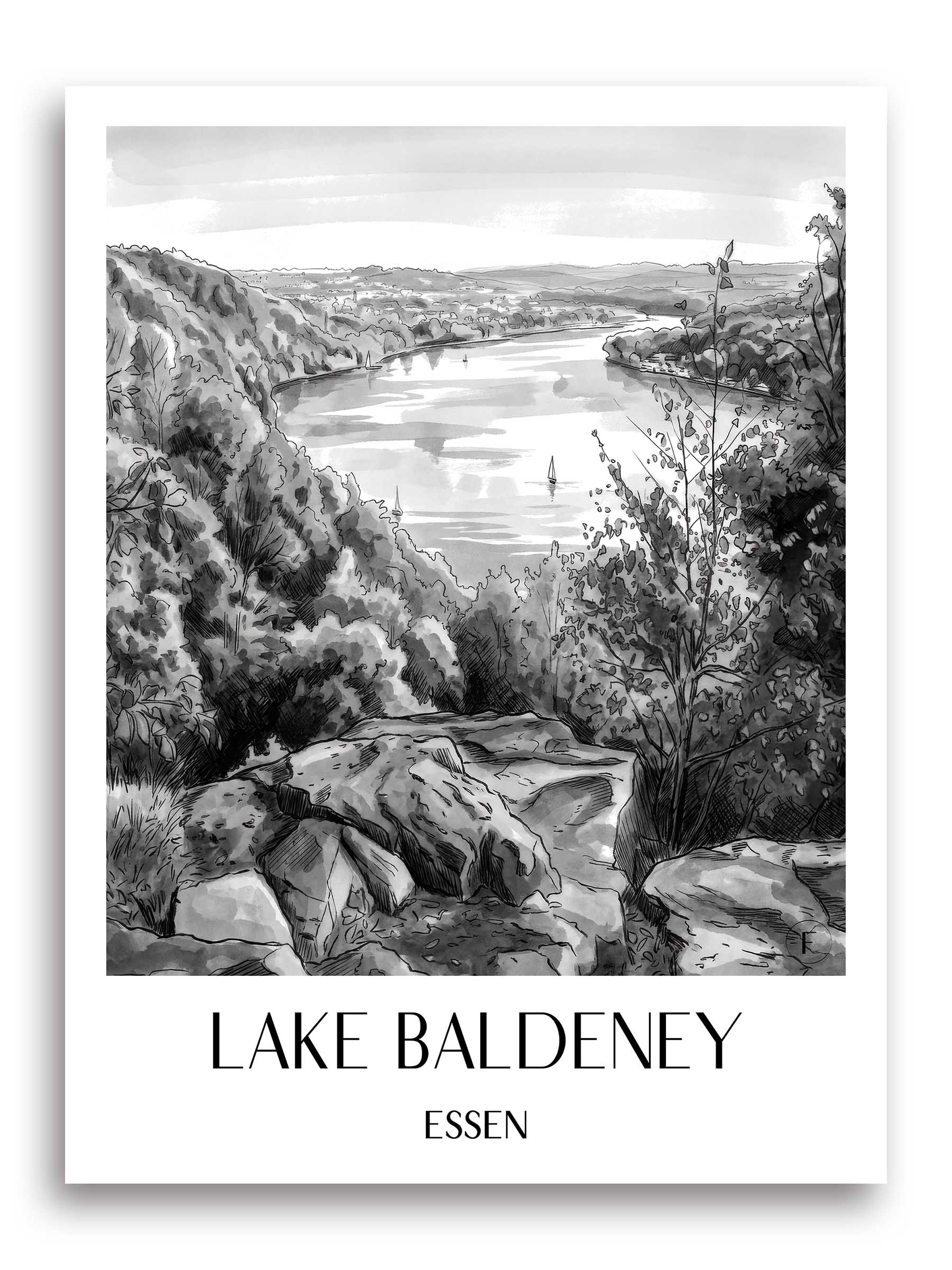 Baldeneysee Poster - Essen - Deutschland Kunstdruck - Aquarell Schwarz-Weiß von A4 bis A1