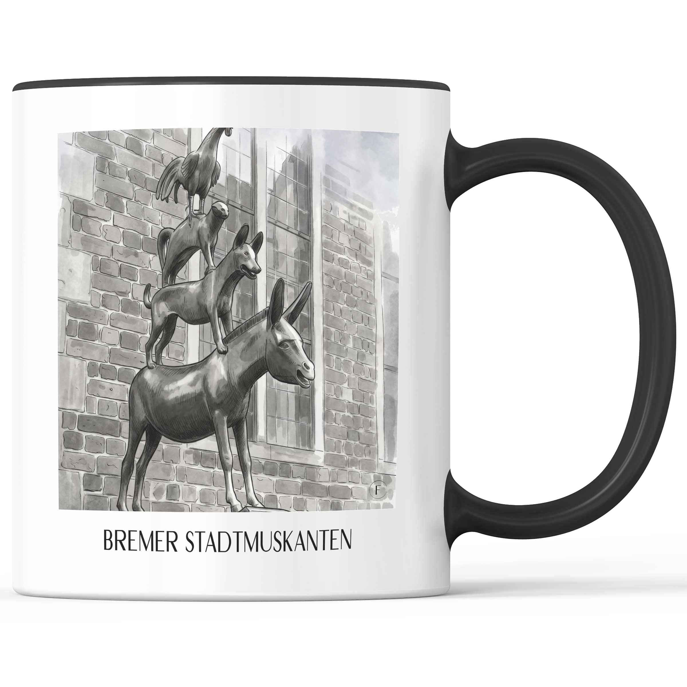 bremer-stadtmuskanten-deutschland-kaffeebecher-aquarell-schwarz-weiss