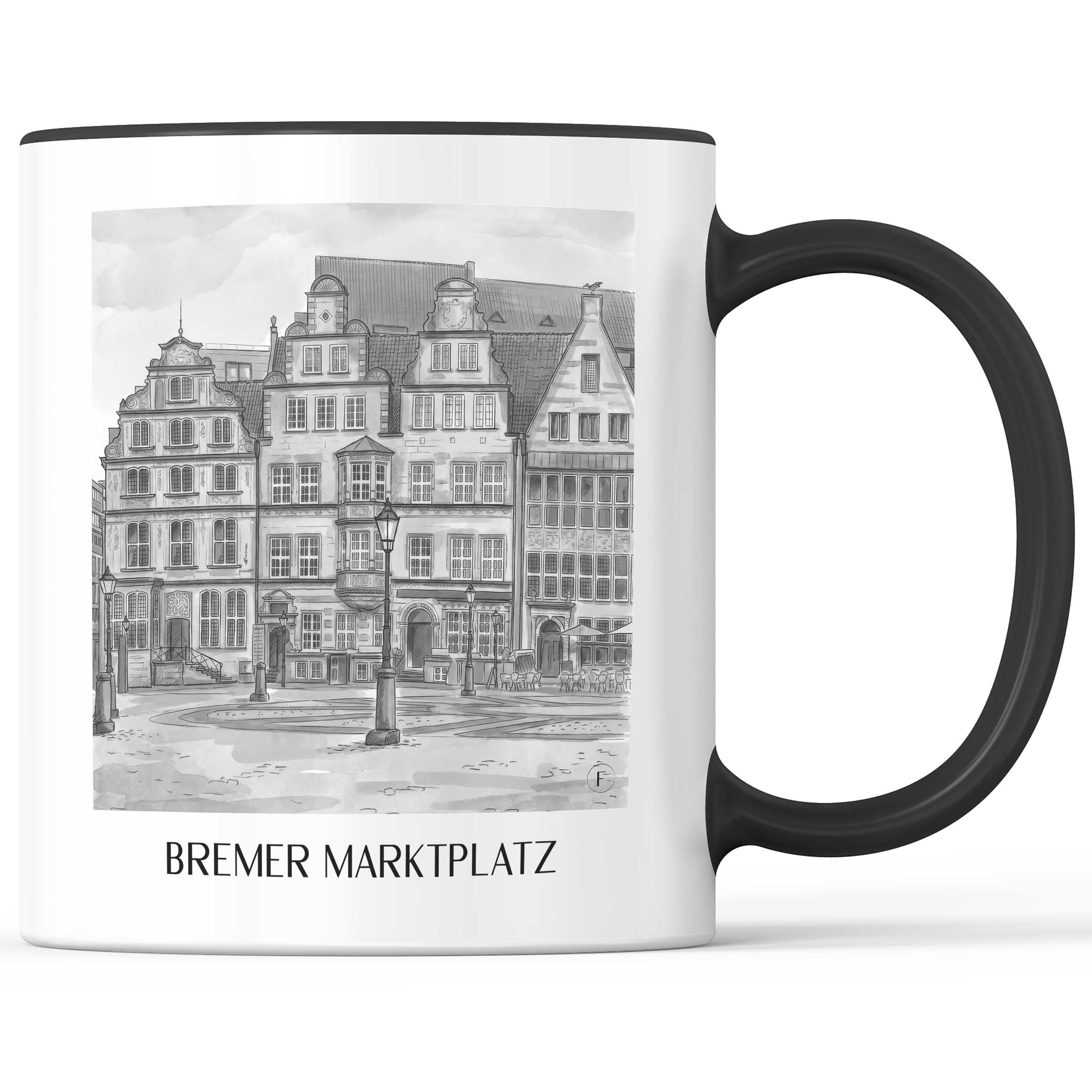 marktplatz-bremen-deutschland-kaffeebecher-aquarell-schwarz-weiss