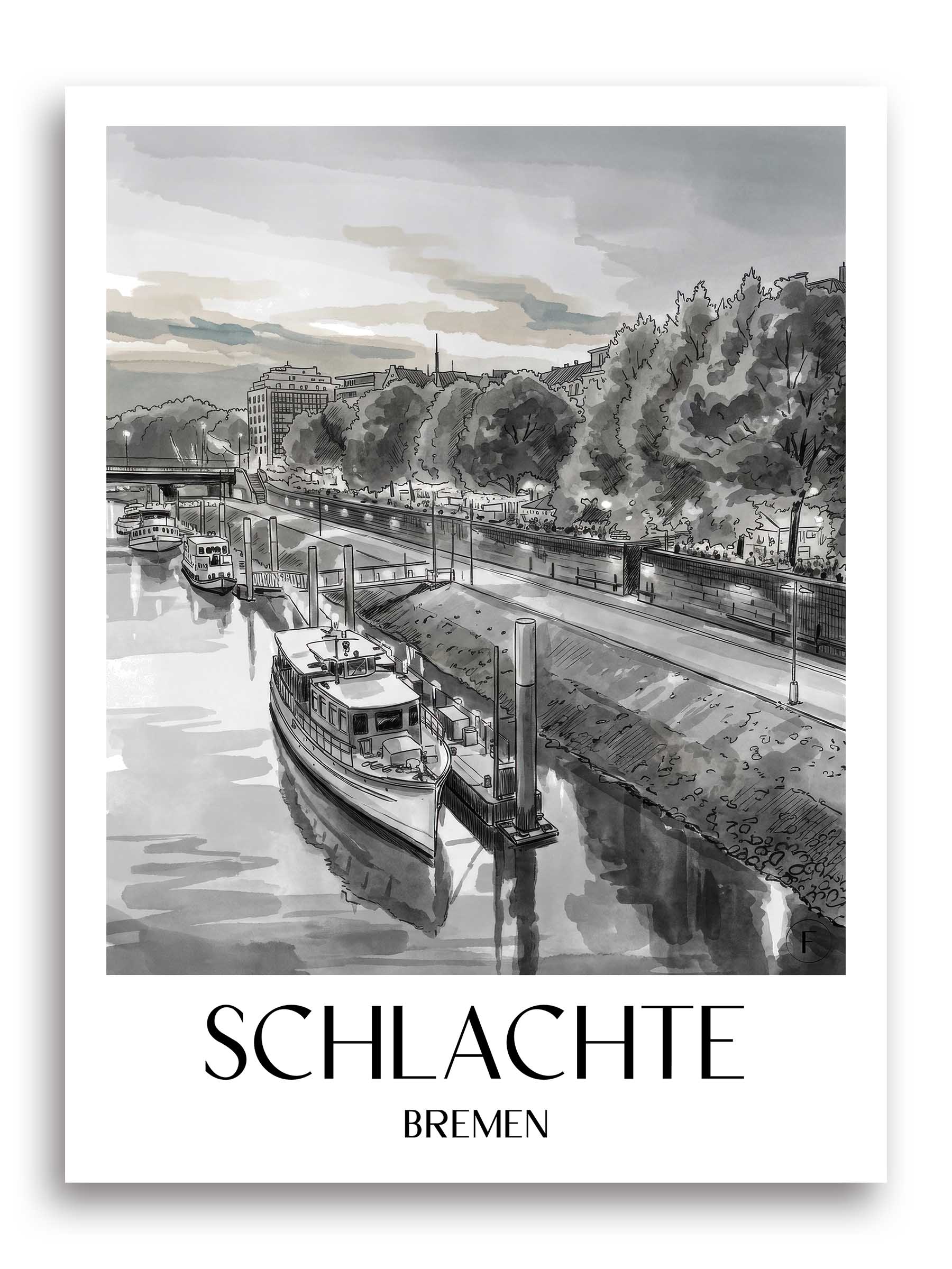 Schlachte Poster - Bremen - Deutschland Kunstdruck - Aquarell Schwarz-Weiß von A4 bis A1