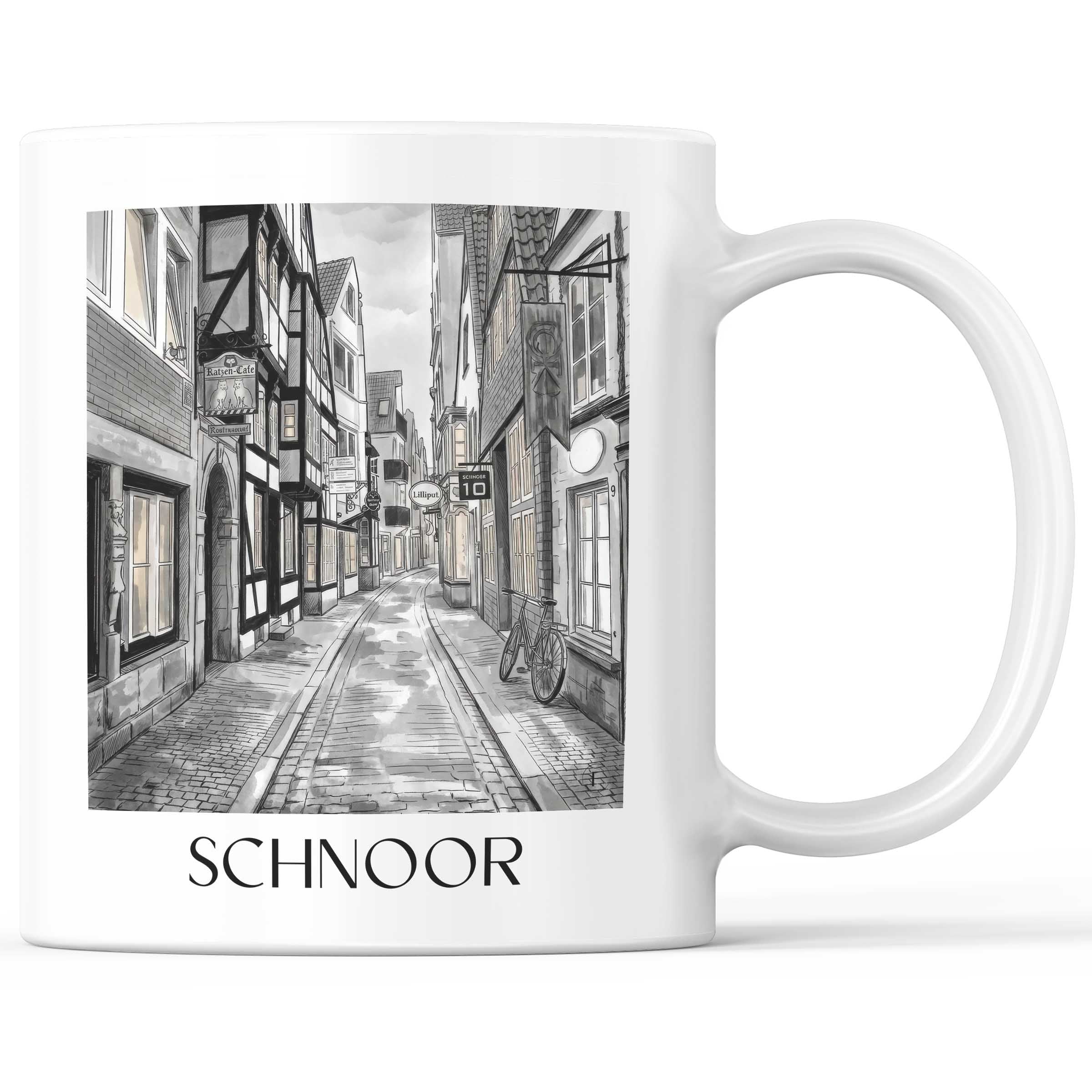Schnoor Kaffeebecher - Bremen - Deutschland Becher - Kaffeetasse im Aquarell Schwarz-Weiß Stil