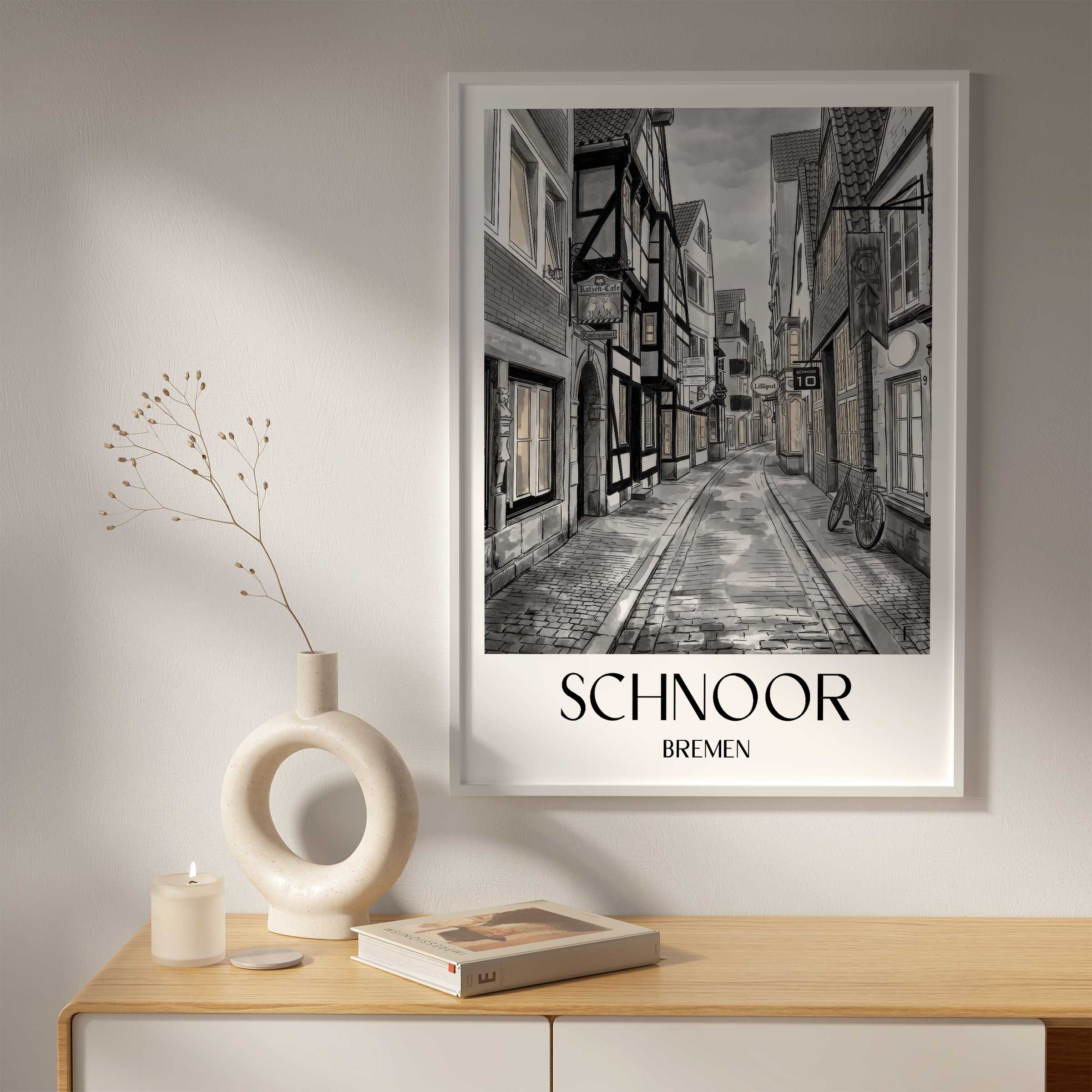 schnoor-bremen-deutschland-poster-aquarell-schwarz-weiss