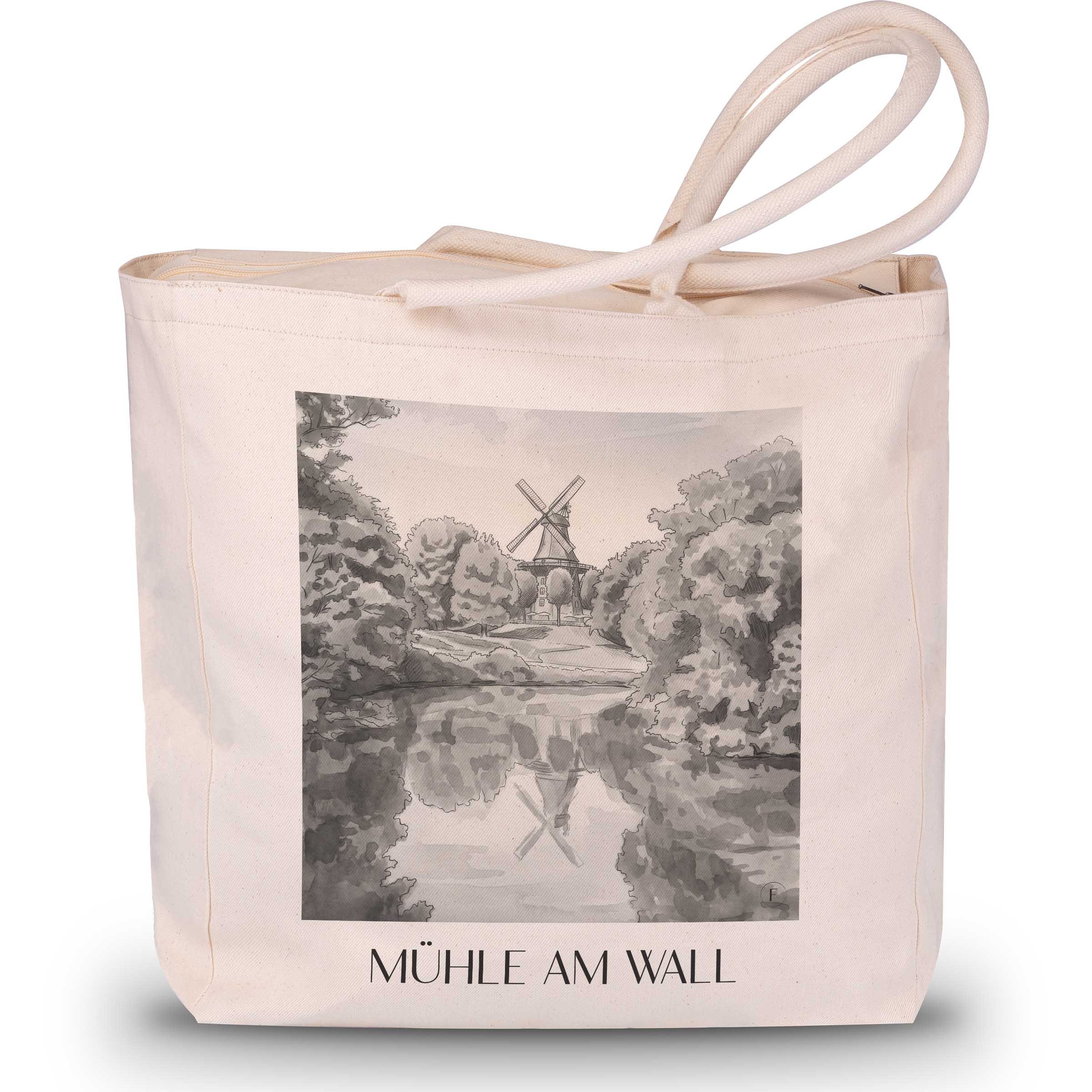 mühle-am-wall-bremen-deutschland-einkaufstasche-aquarell-schwarz-weiss