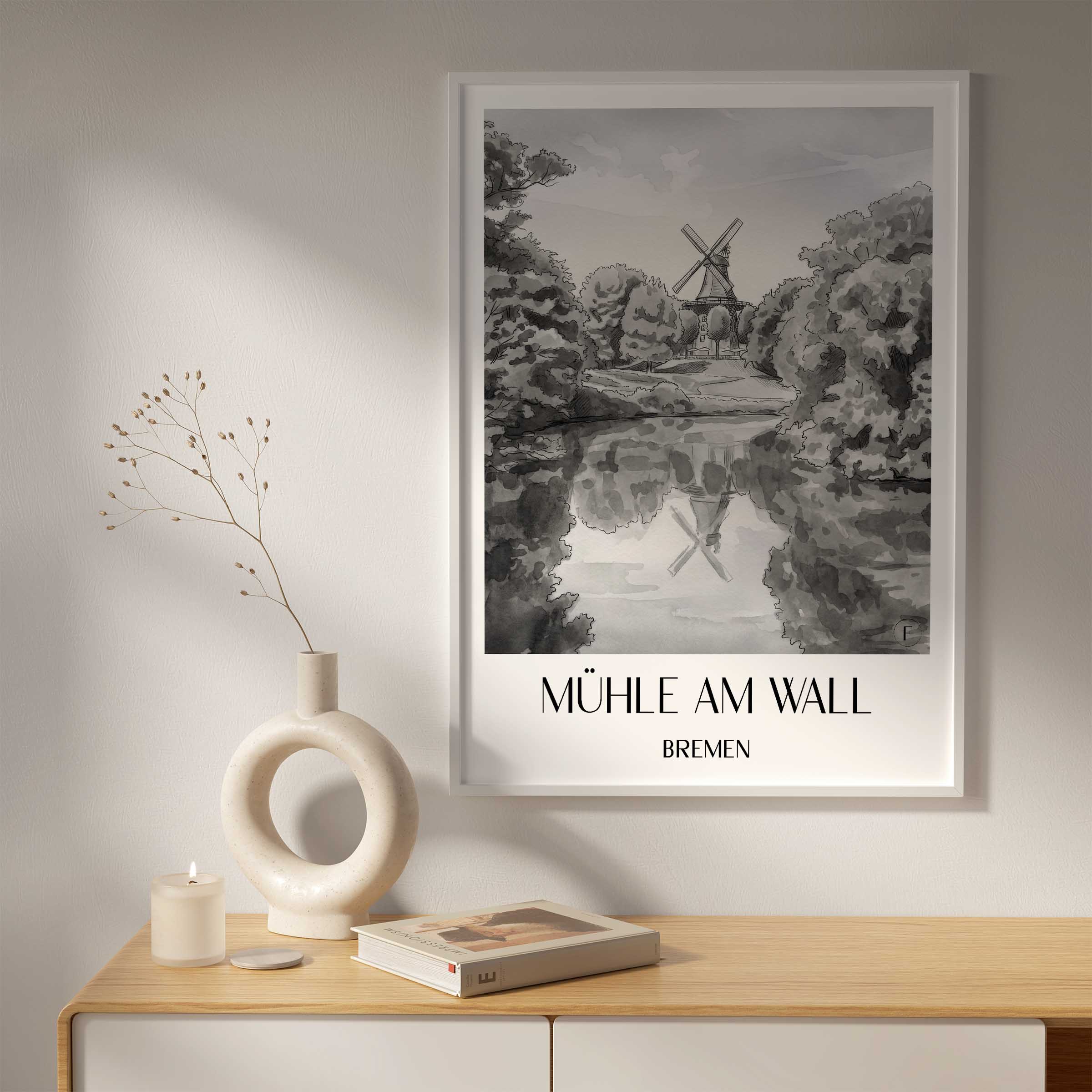 mühle-am-wall-bremen-deutschland-poster-aquarell-schwarz-weiss