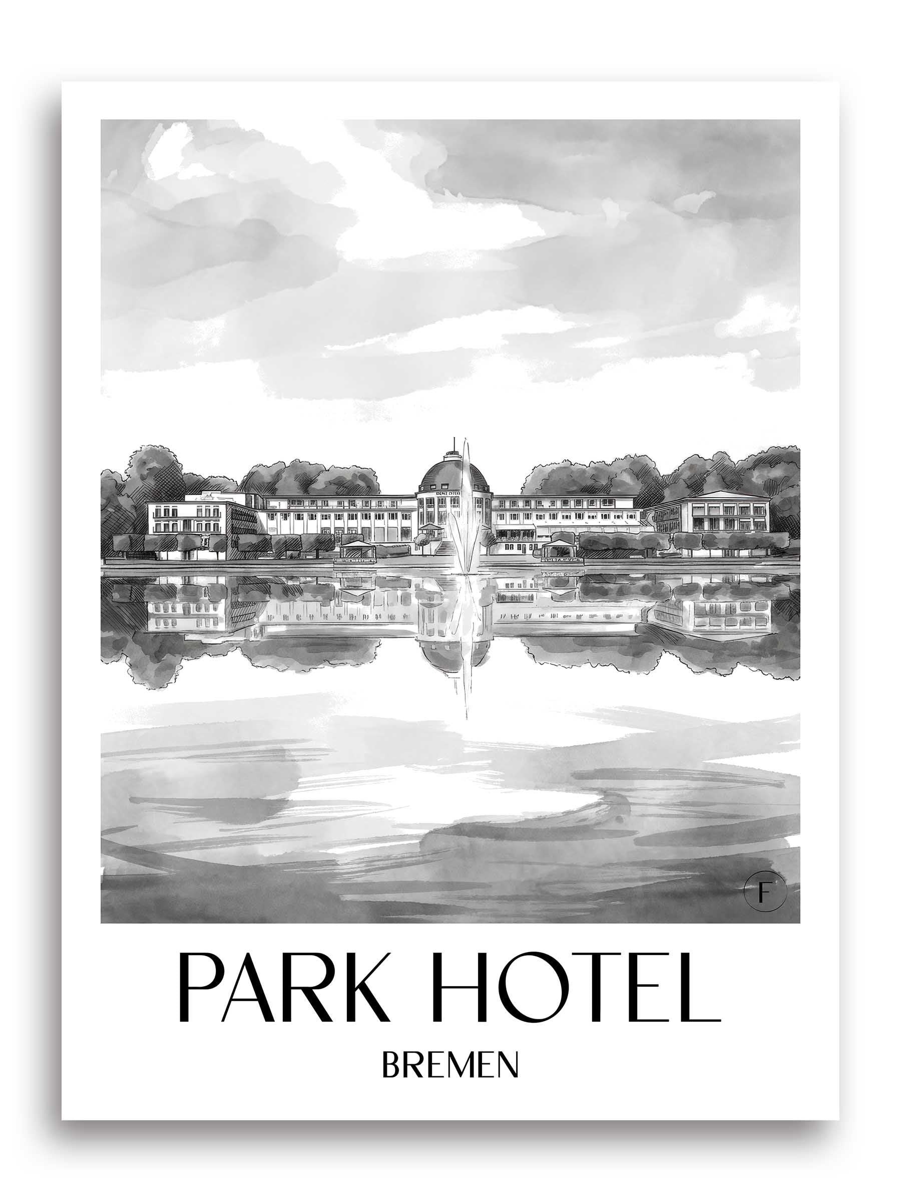 Parkhotel Poster - Bremen - Deutschland Kunstdruck - Aquarell Schwarz-Weiß von A4 bis A1