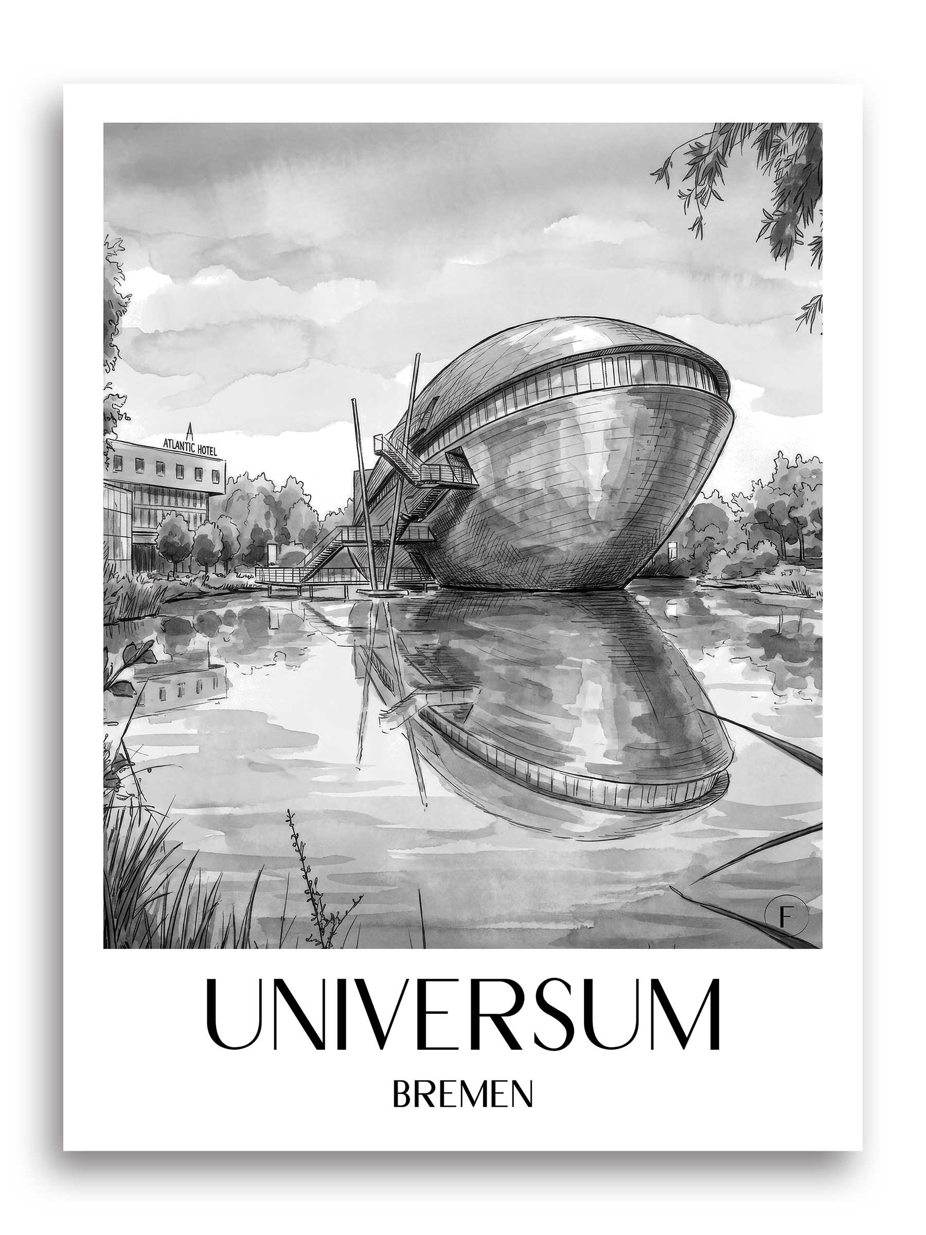 universum-bremen-deutschland-poster-aquarell-schwarz-weiss