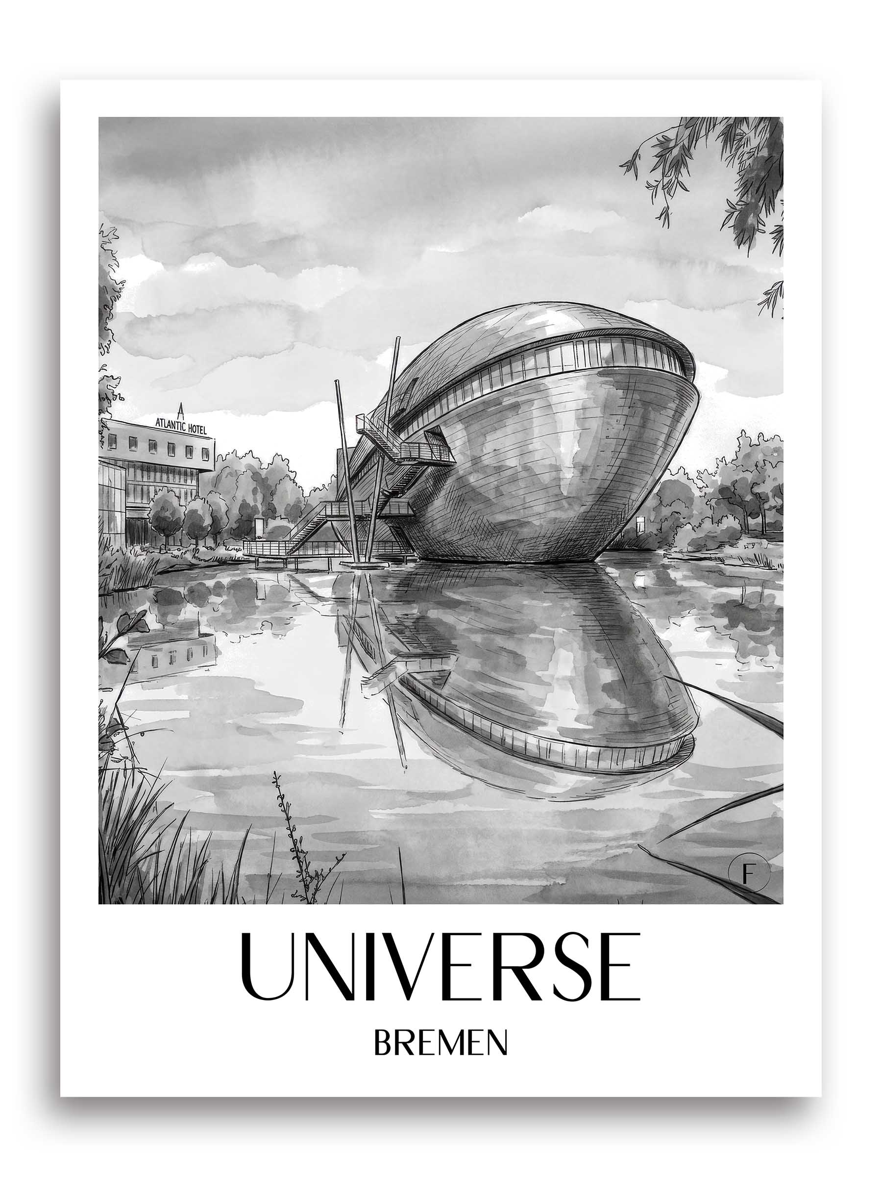 Universum Poster - Bremen - Deutschland Kunstdruck - Aquarell Schwarz-Weiß von A4 bis A1
