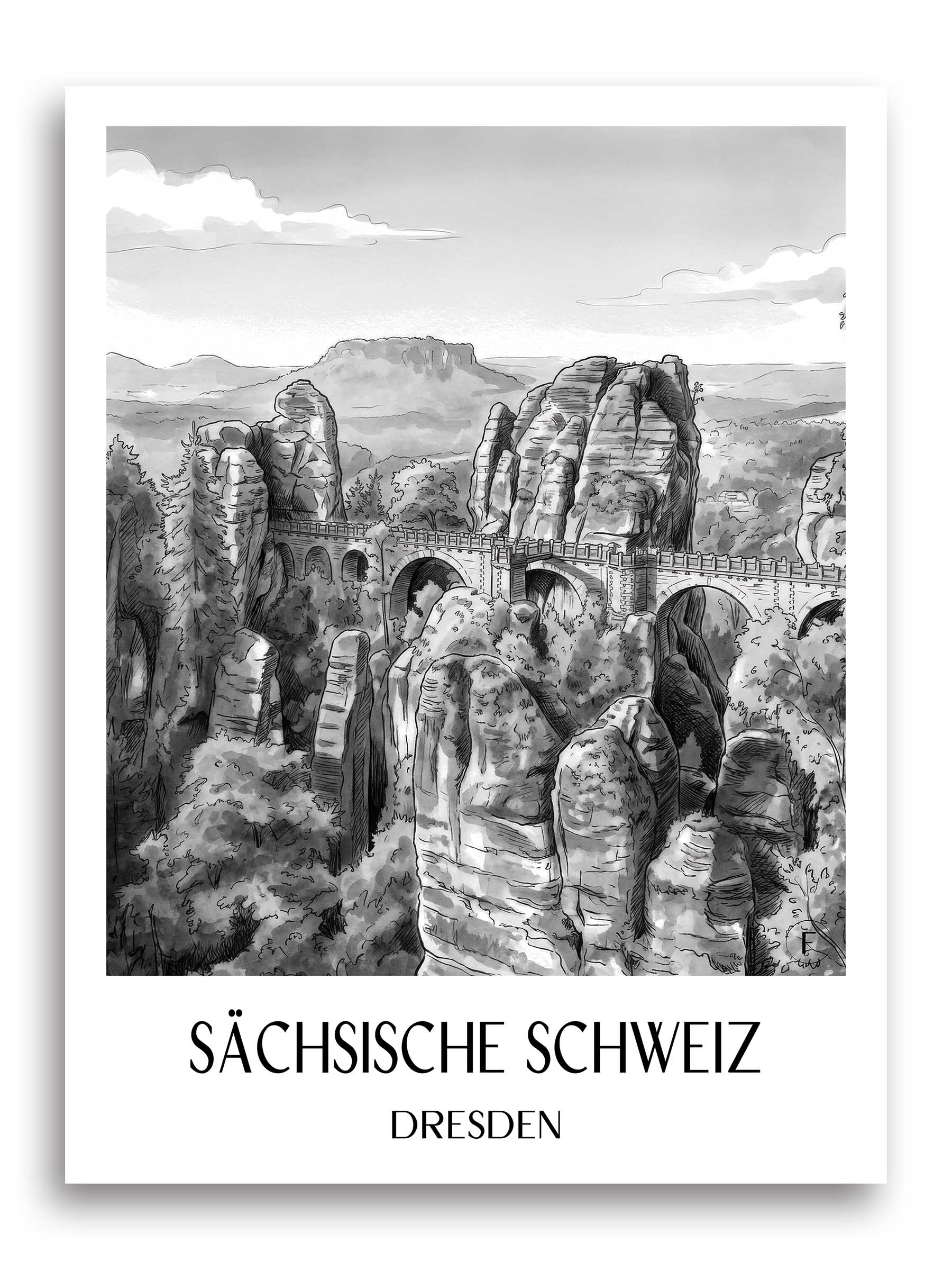 sächsische-schweiz-dresden-deutschland-poster-aquarell-schwarz-weiss