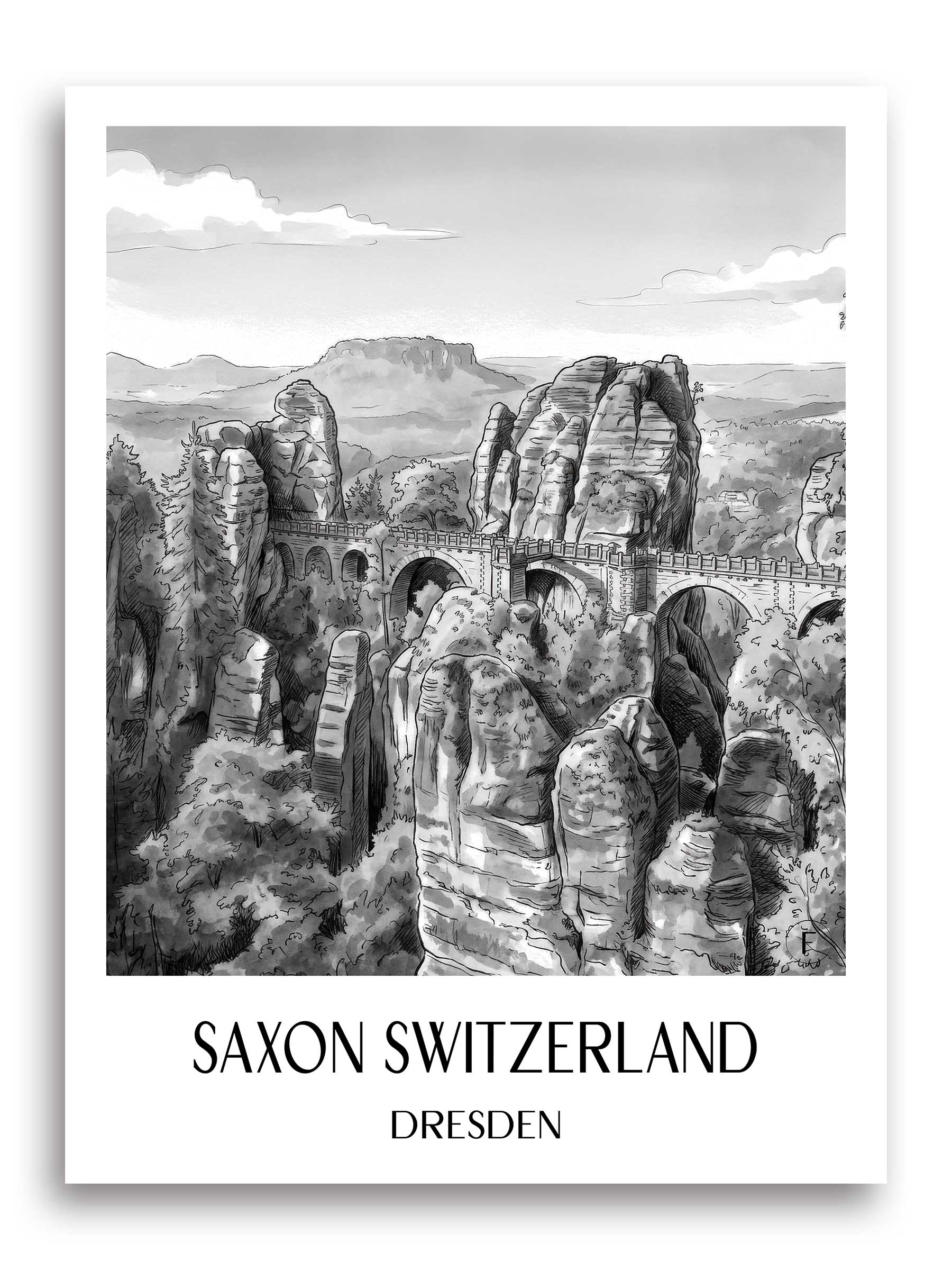 Sächsische schweiz Poster - Dresden - Deutschland Kunstdruck - Aquarell Schwarz-Weiß von A4 bis A1
