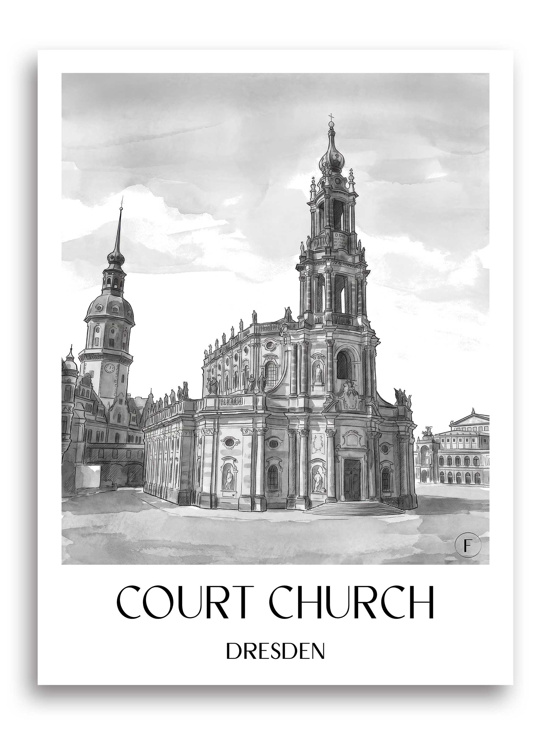 Hofkirche Poster - Dresden - Deutschland Kunstdruck - Aquarell Schwarz-Weiß von A4 bis A1
