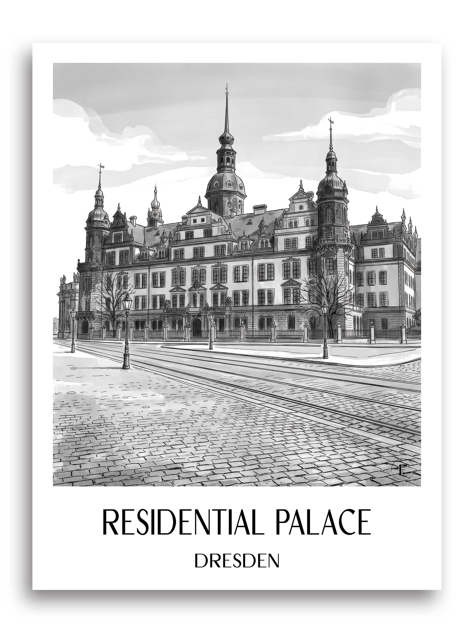 Residenzschloss Poster - Dresden - Deutschland Kunstdruck - Aquarell Schwarz-Weiß von A4 bis A1