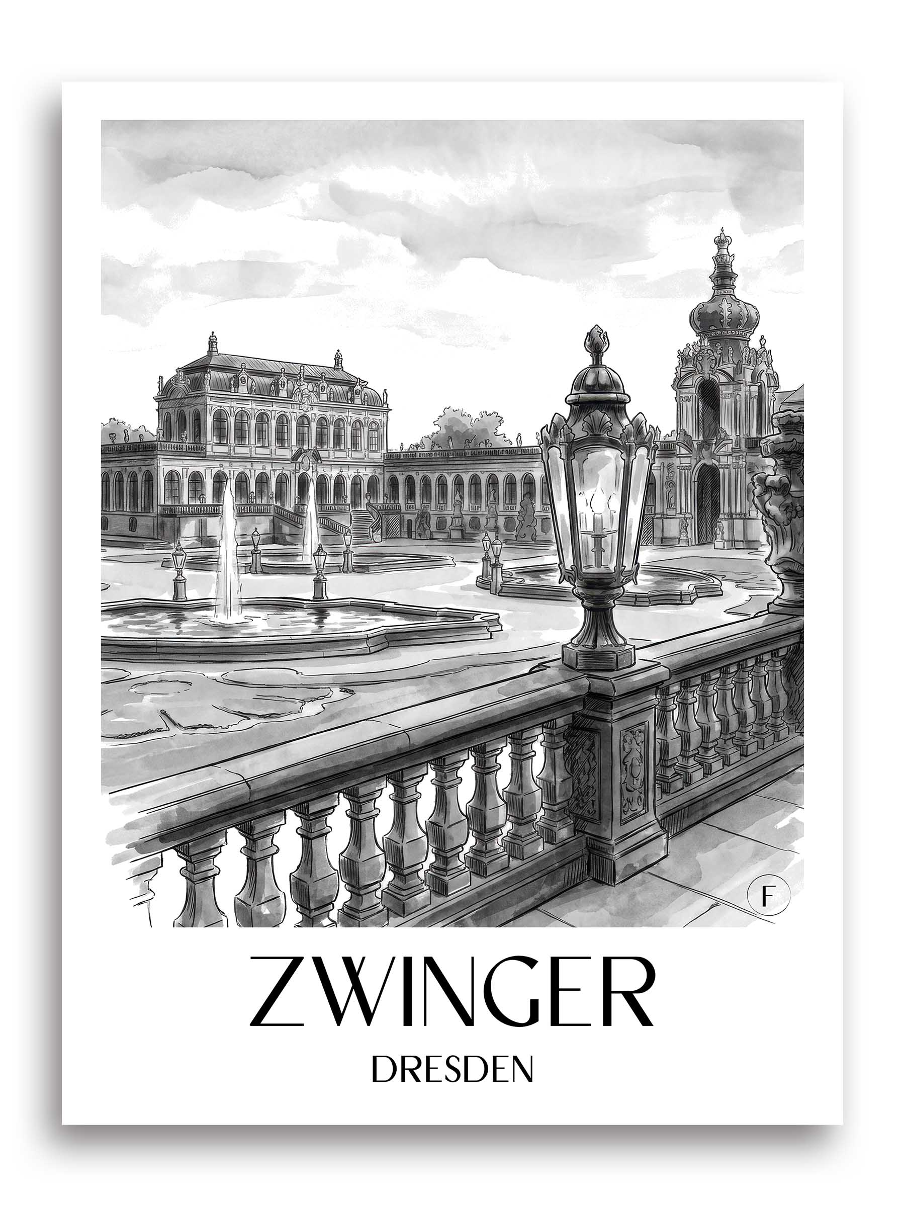 Zwinger Poster - Dresden - Deutschland Kunstdruck - Aquarell Schwarz-Weiß von A4 bis A1