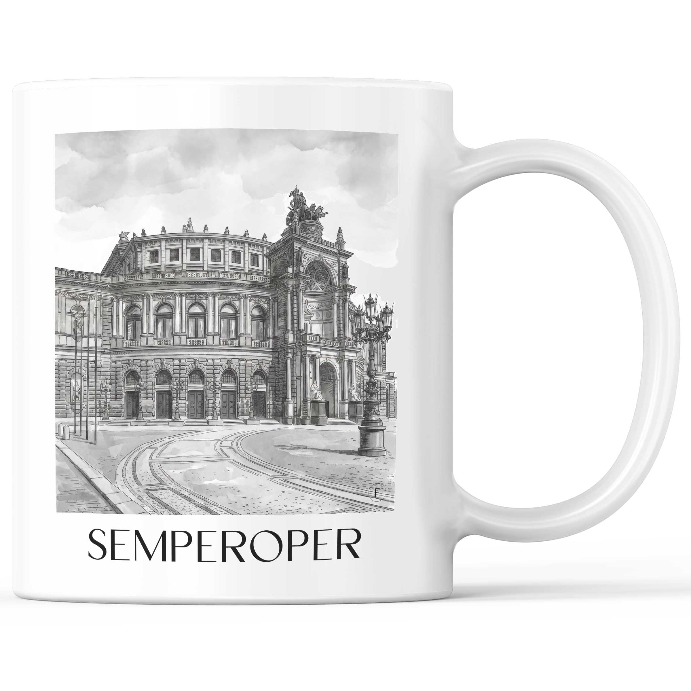 Semperoper Kaffeebecher - Dresden - Deutschland Becher - Kaffeetasse im Aquarell Schwarz-Weiß Stil