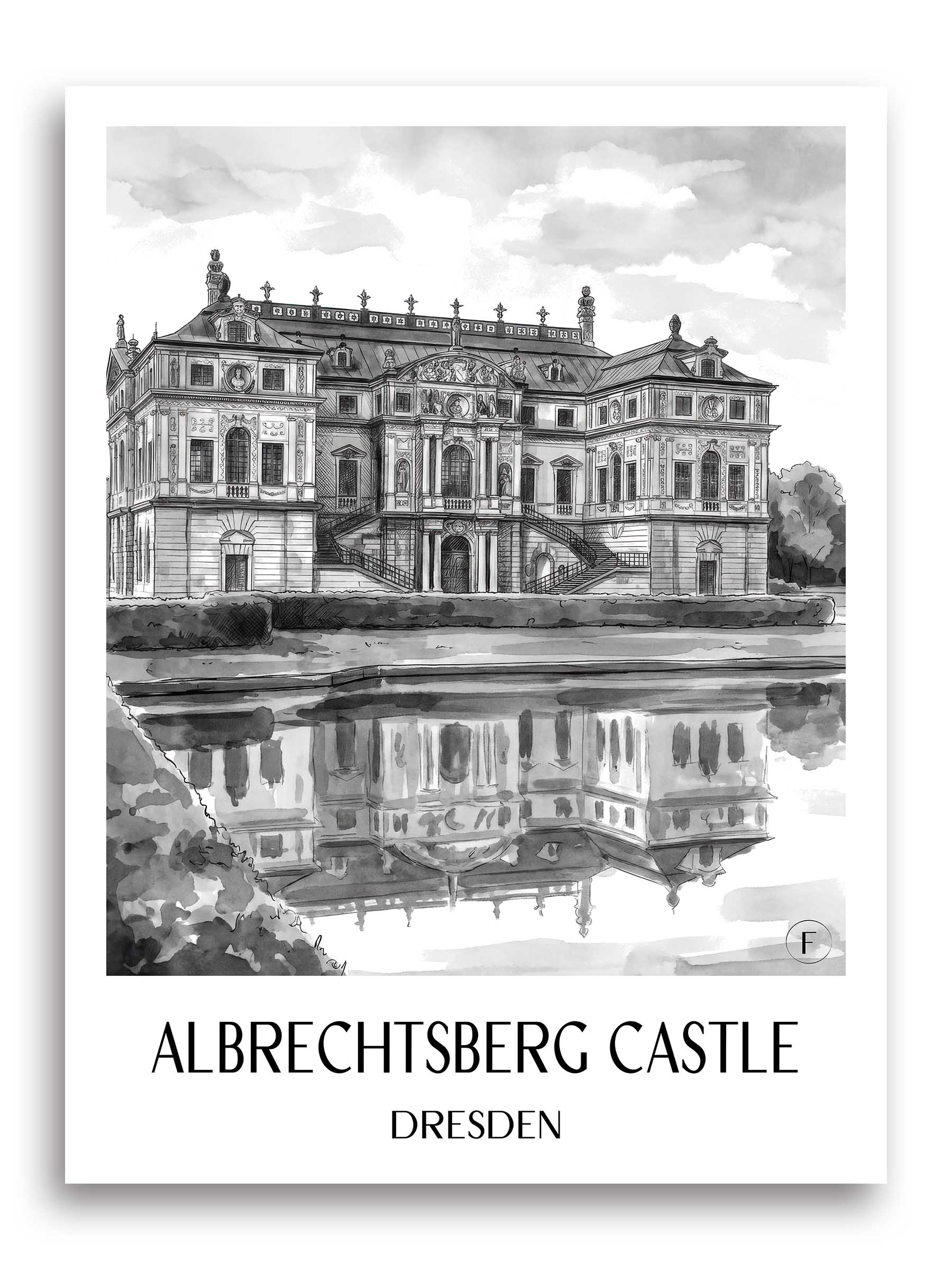 Schloss Albrechtsberg Poster - Dresden - Deutschland Kunstdruck - Aquarell Schwarz-Weiß von A4 bis A1