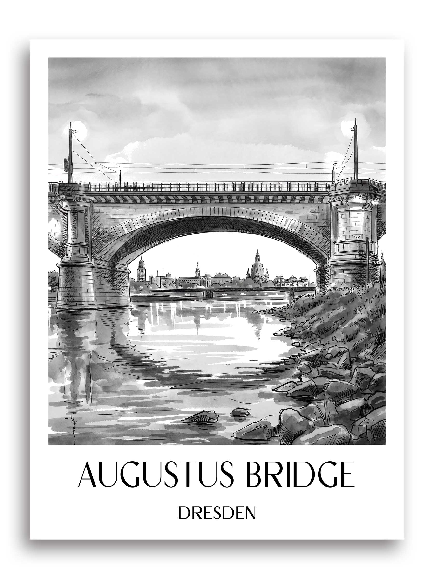 Augustusbrücke Poster - Dresden - Deutschland Kunstdruck - Aquarell Schwarz-Weiß von A4 bis A1