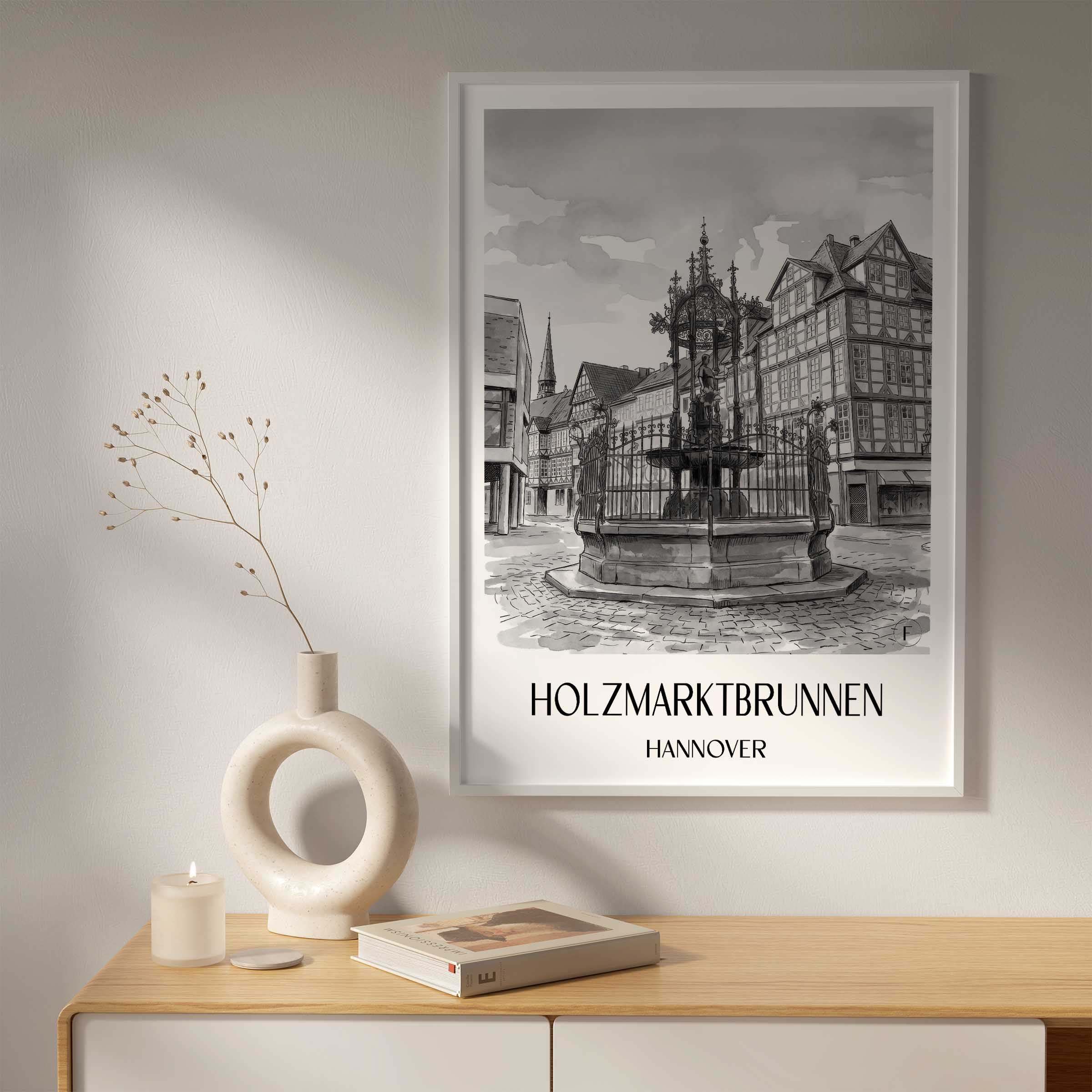 holzmarktbrunnen-hannover-deutschland-poster-aquarell-schwarz-weiss