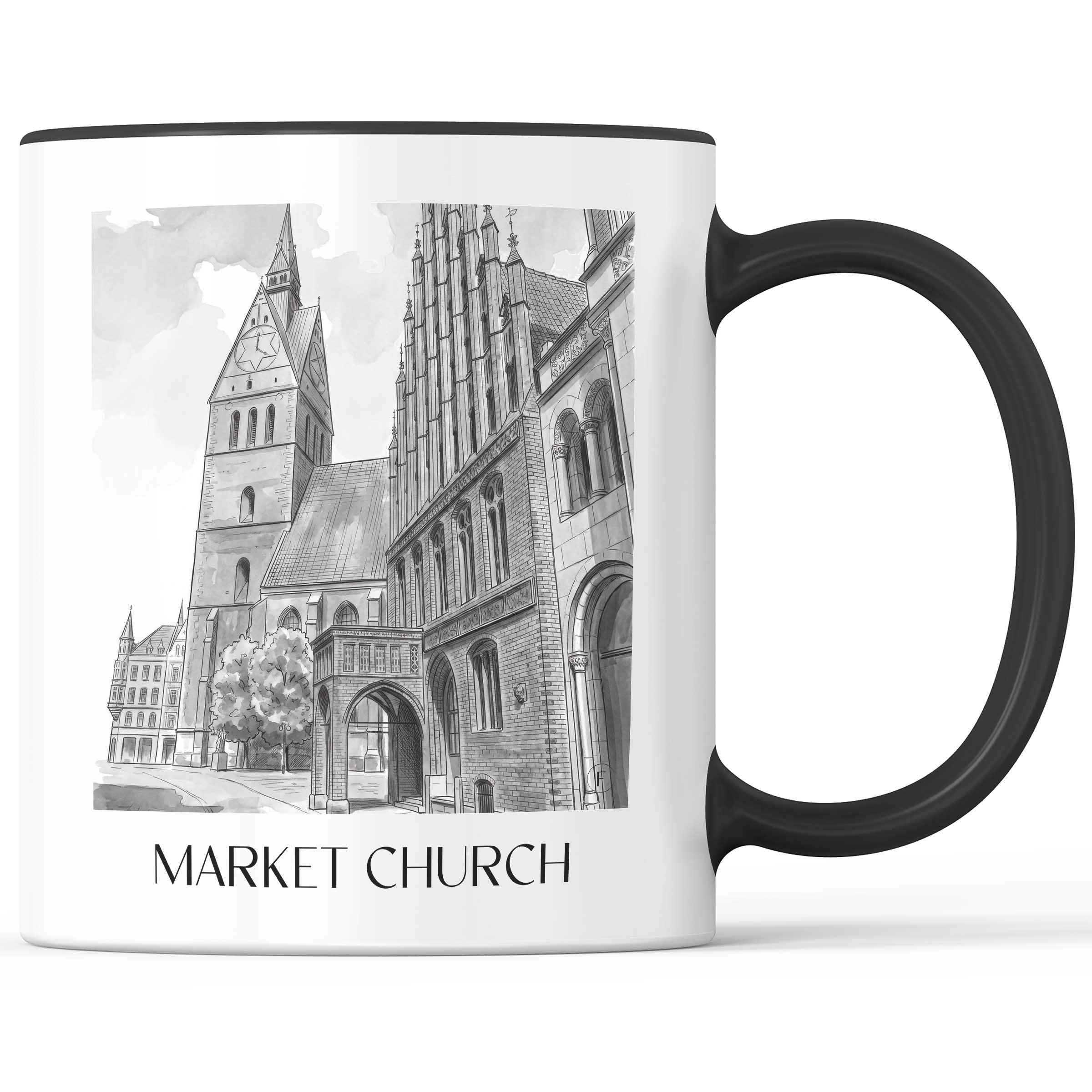 Marktkirche Kaffeebecher - Hannover - Deutschland Becher - Kaffeetasse im Aquarell Schwarz-Weiß Stil