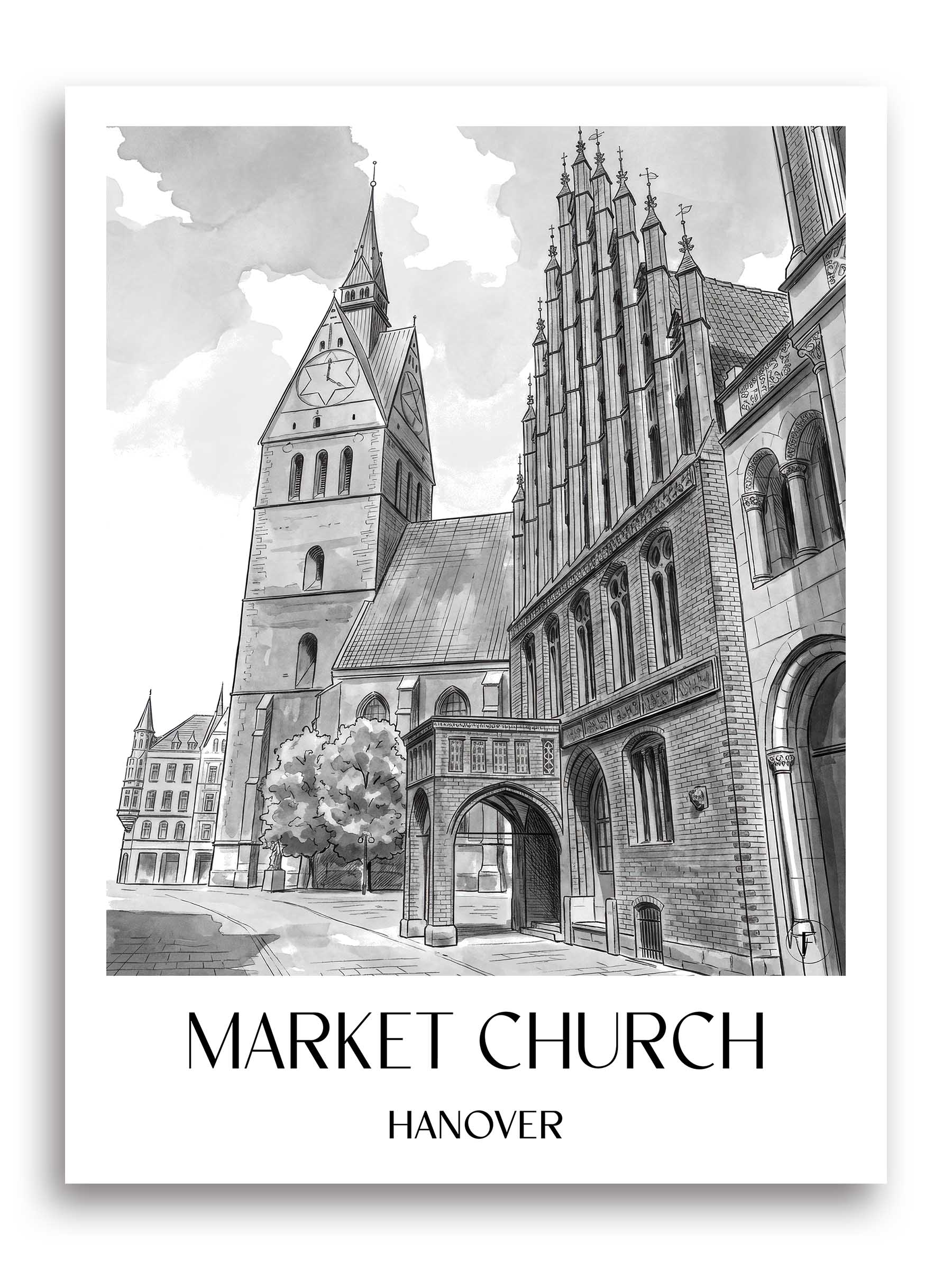 Marktkirche Poster - Hannover - Deutschland Kunstdruck - Aquarell Schwarz-Weiß von A4 bis A1