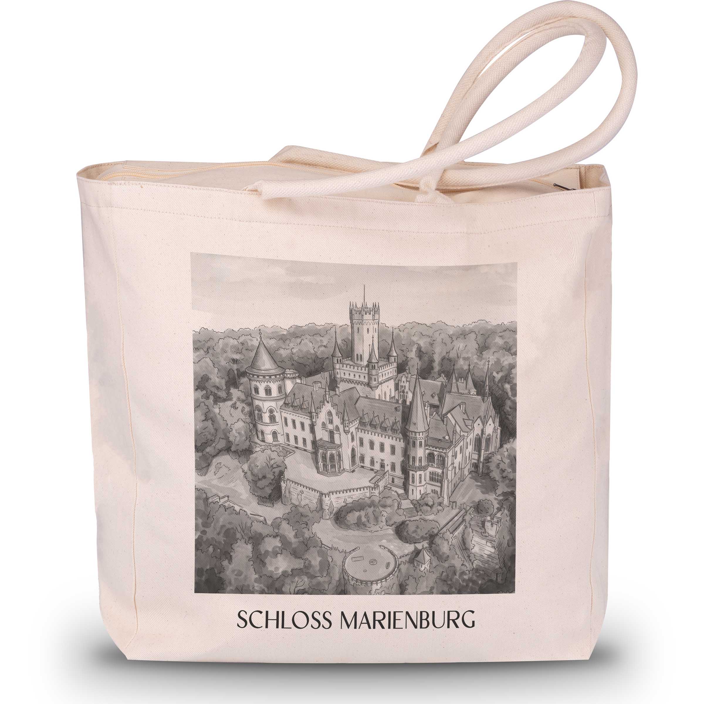 schloss-marienburg-pattensen-deutschland-einkaufstasche-aquarell-schwarz-weiss