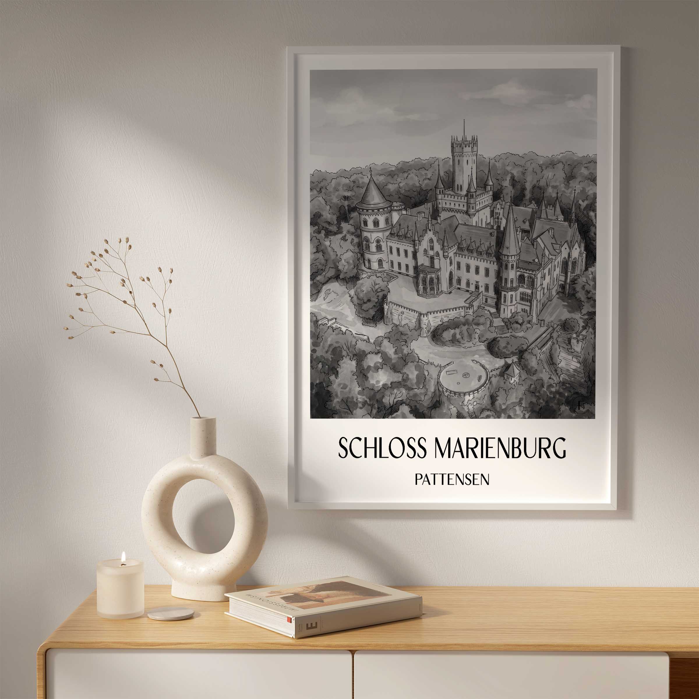 schloss-marienburg-pattensen-deutschland-poster-aquarell-schwarz-weiss