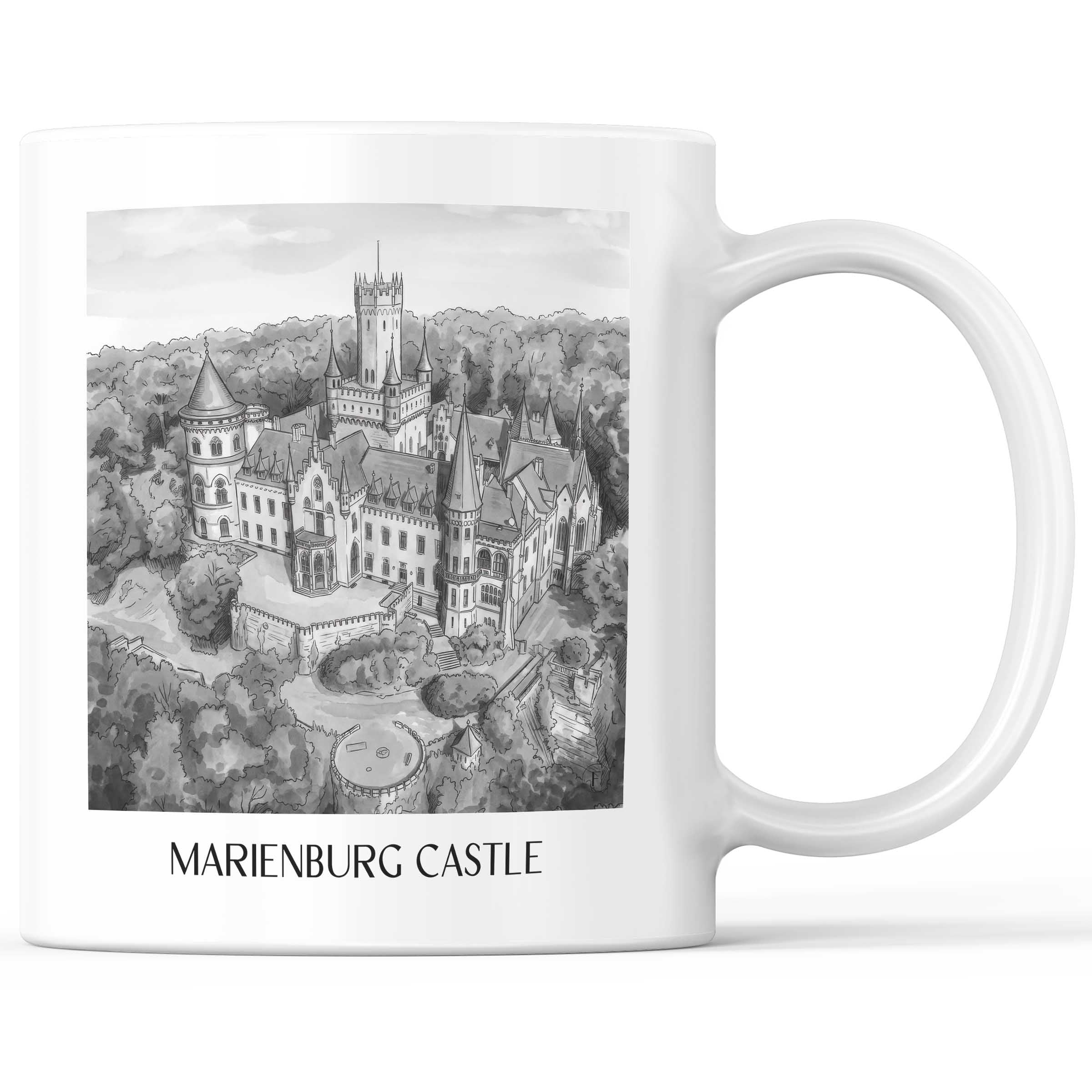 Schloss Marienburg Kaffeebecher - Pattensen - Deutschland Becher - Kaffeetasse im Aquarell Schwarz-Weiß Stil