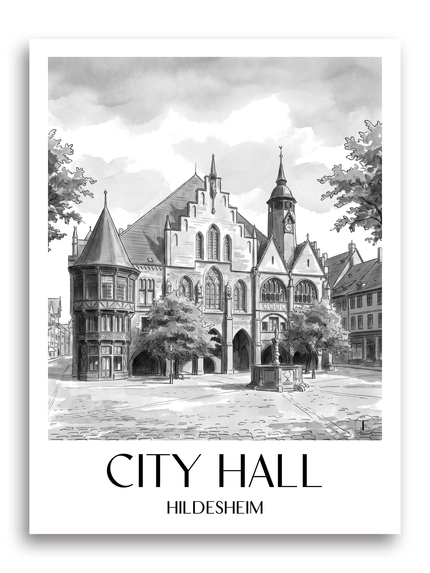 Rathaus Poster - Hildesheim - Deutschland Kunstdruck - Aquarell Schwarz-Weiß von A4 bis A1