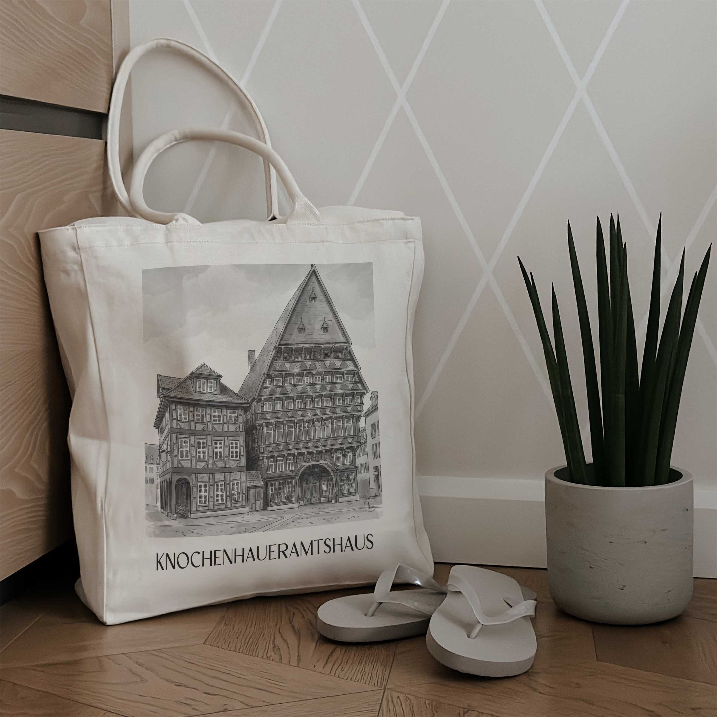 knochenhaueramtshaus-hildesheim-deutschland-einkaufstasche-aquarell-schwarz-weiss