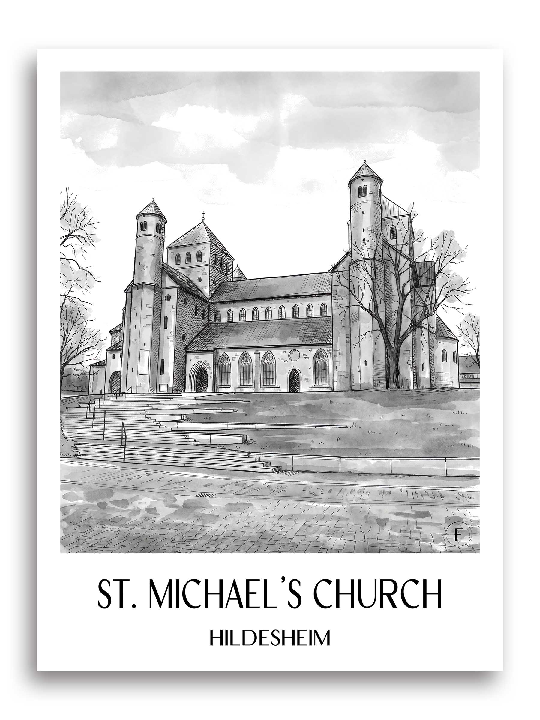 St. Michaelis Kirche Poster - Hildesheim - Deutschland Kunstdruck - Aquarell Schwarz-Weiß von A4 bis A1