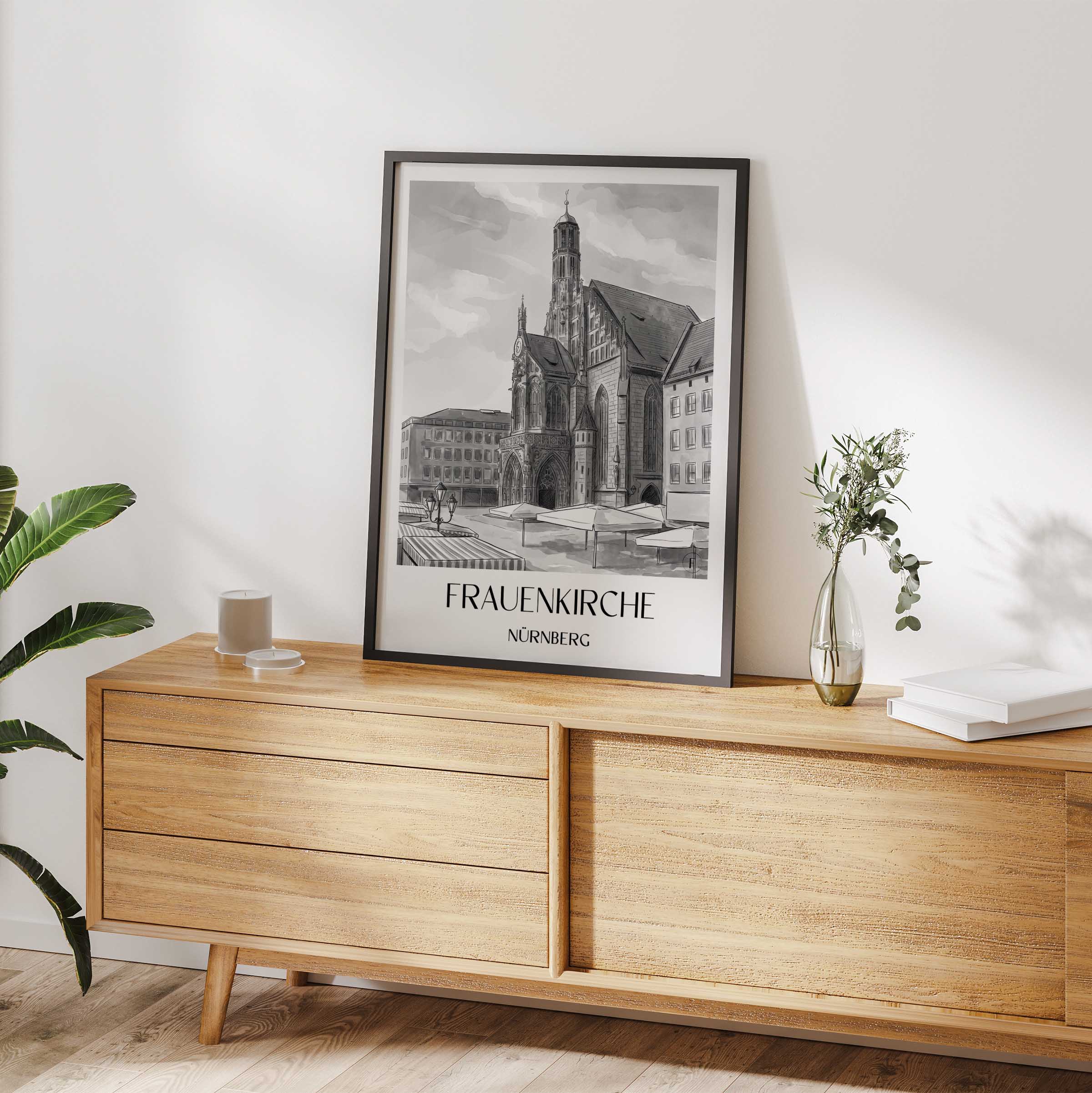 frauenkirche-nürnberg-deutschland-poster-aquarell-schwarz-weiss