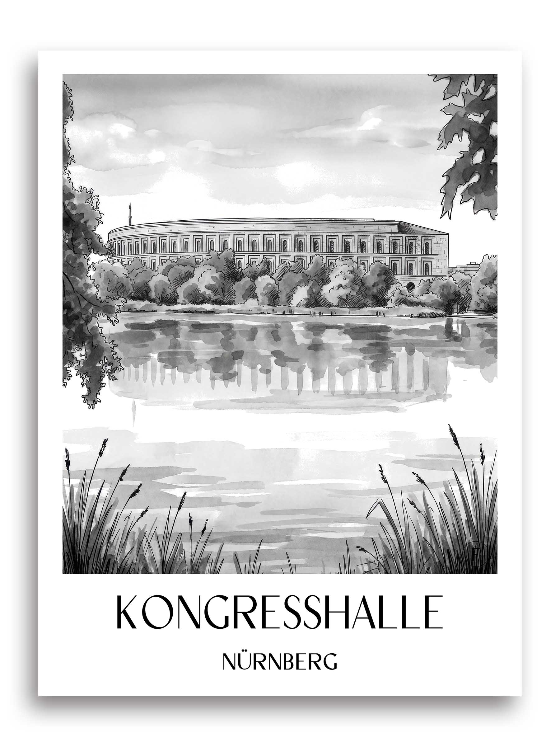 kongresshalle-nürnberg-deutschland-poster-aquarell-schwarz-weiss