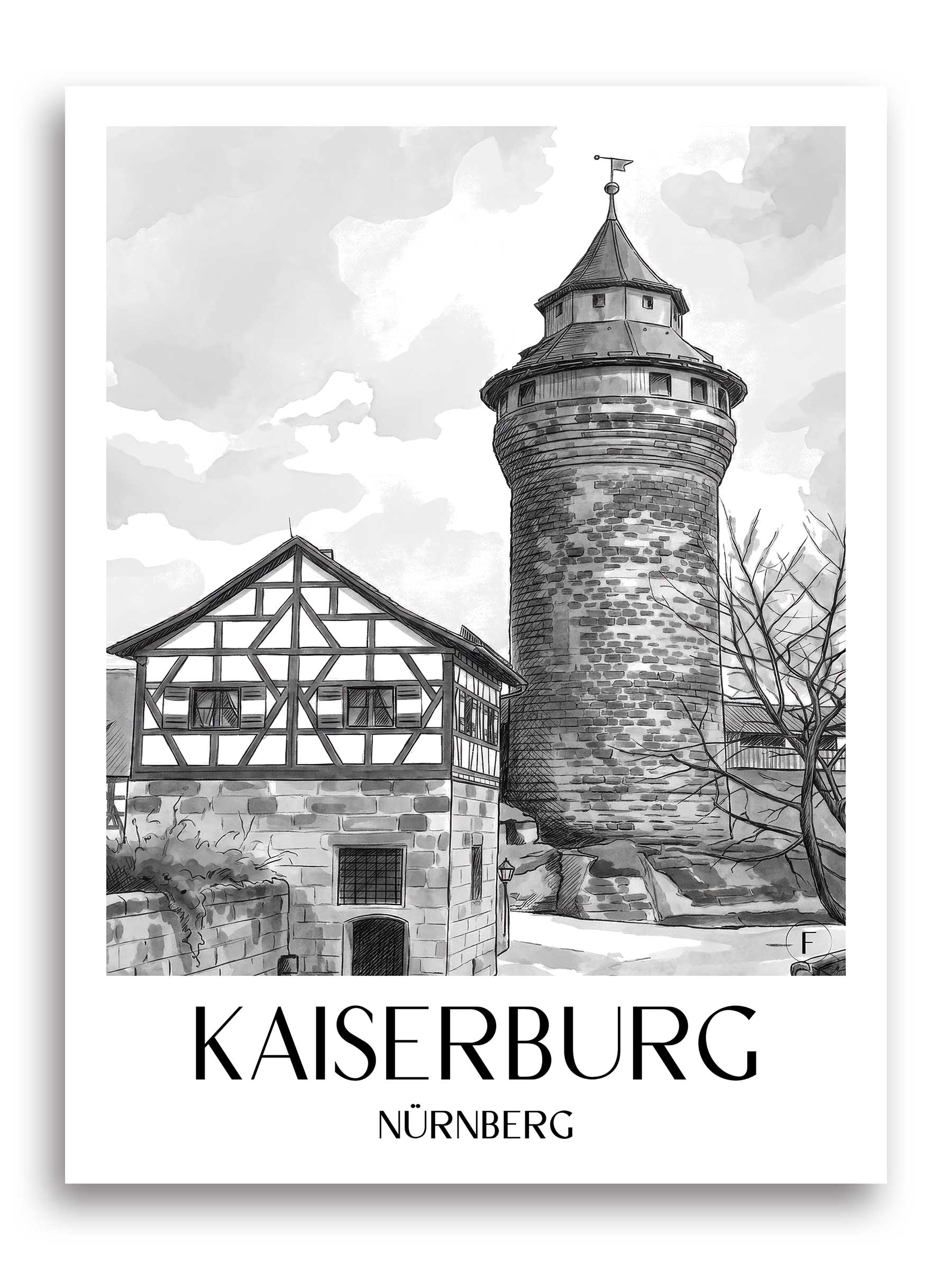 kaiserburg-nürnberg-deutschland-poster-aquarell-schwarz-weiss