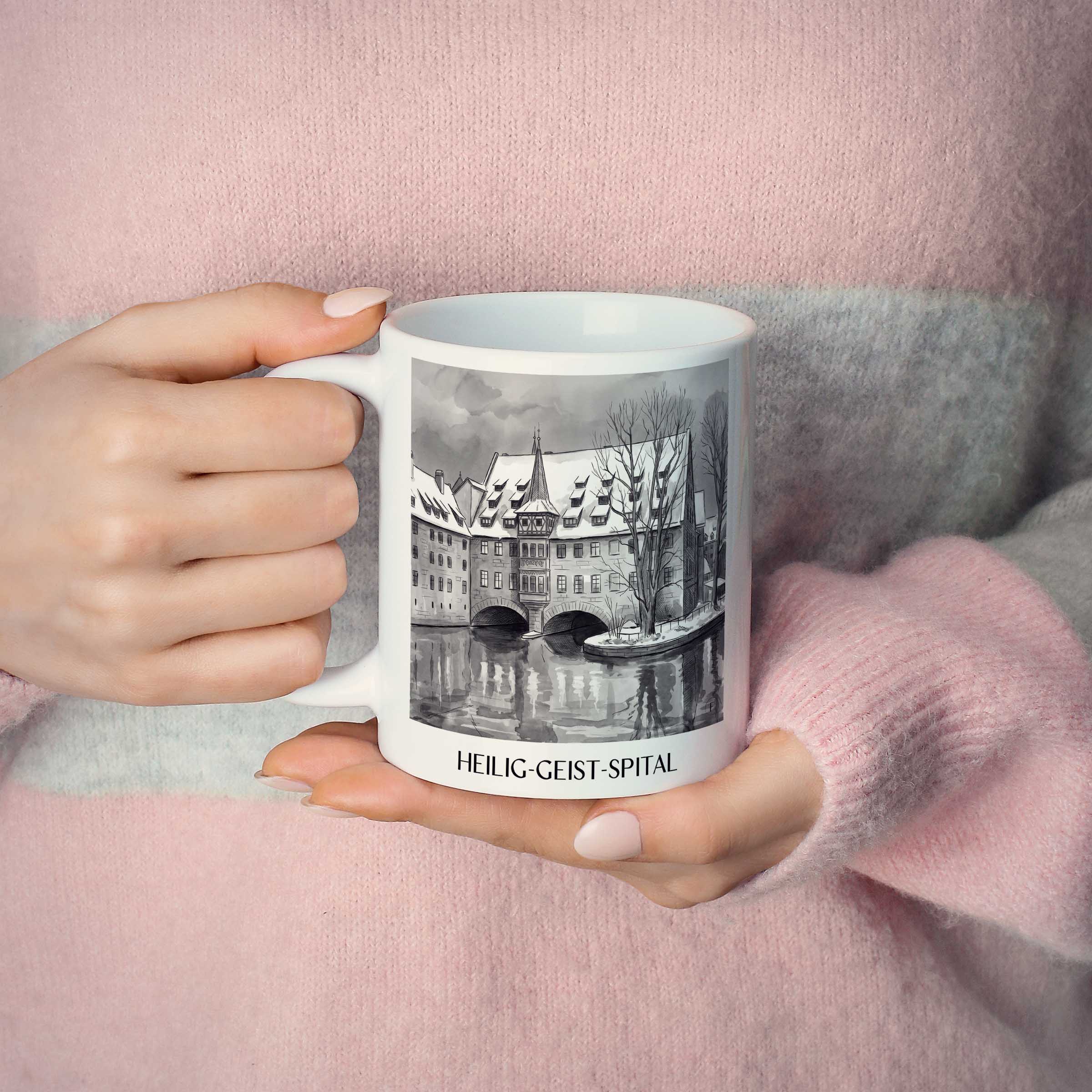 heilig-geist-spital-nürnberg-deutschland-kaffeebecher-aquarell-schwarz-weiss