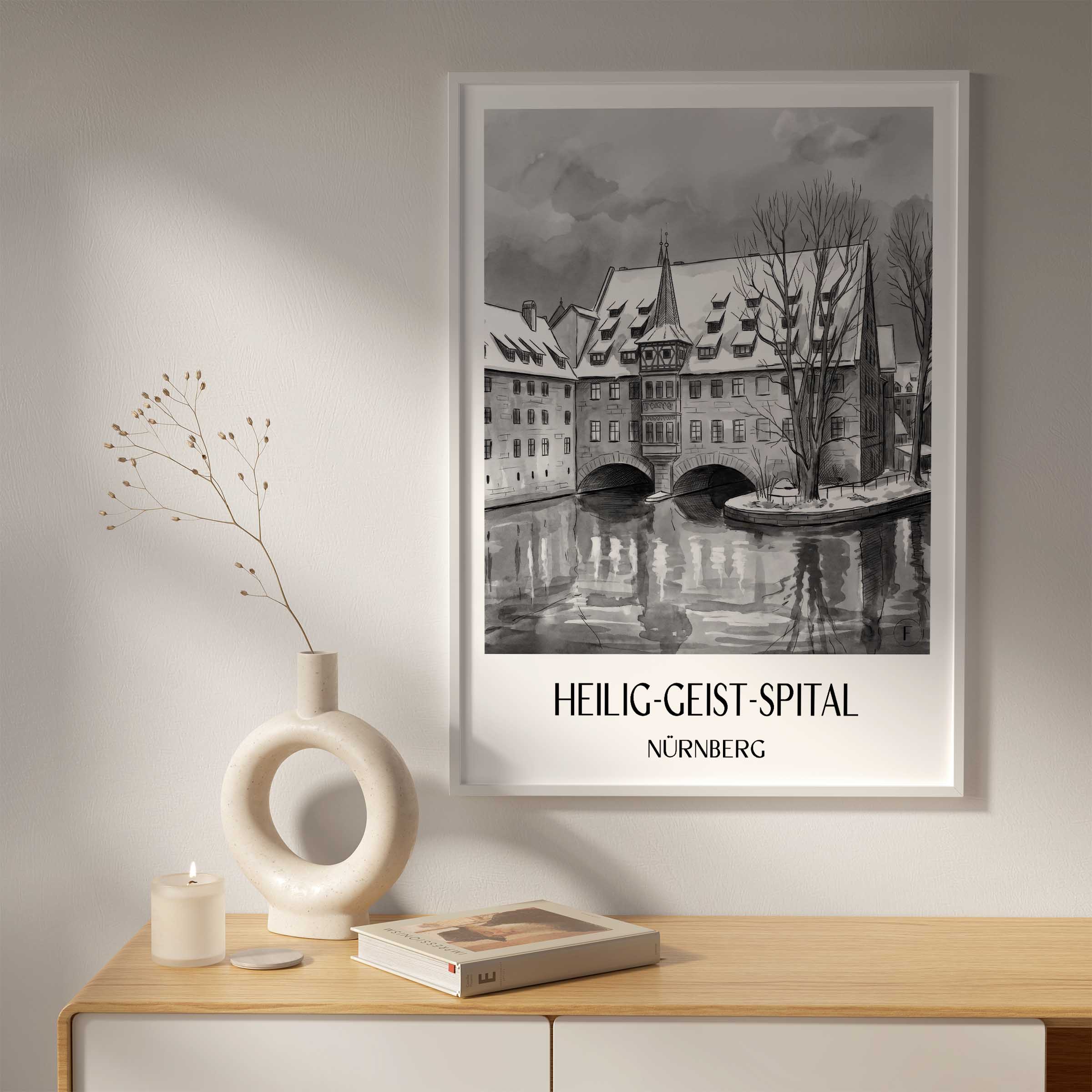 heilig-geist-spital-nürnberg-deutschland-poster-aquarell-schwarz-weiss