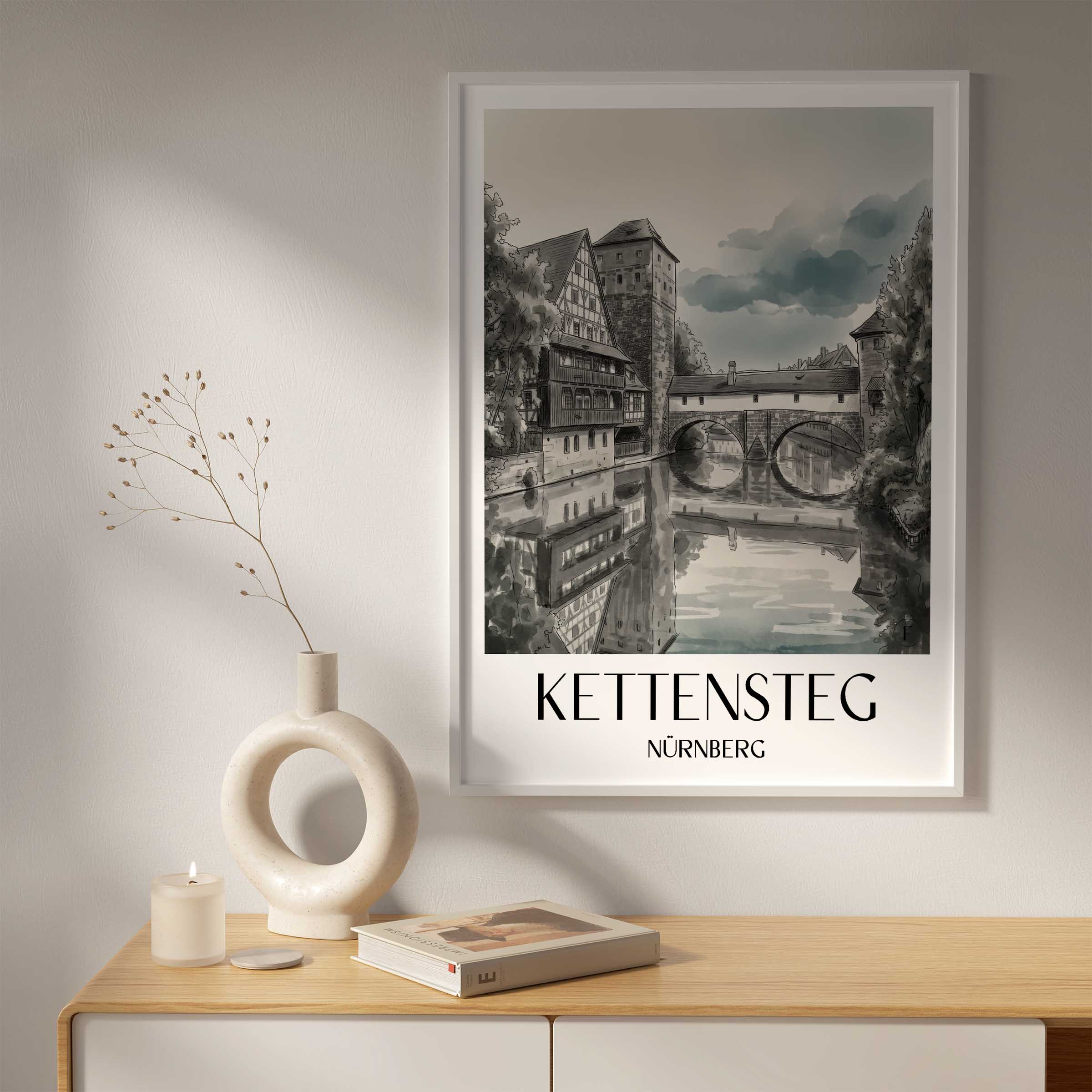 kettensteg-nürnberg-deutschland-poster-aquarell-schwarz-weiss