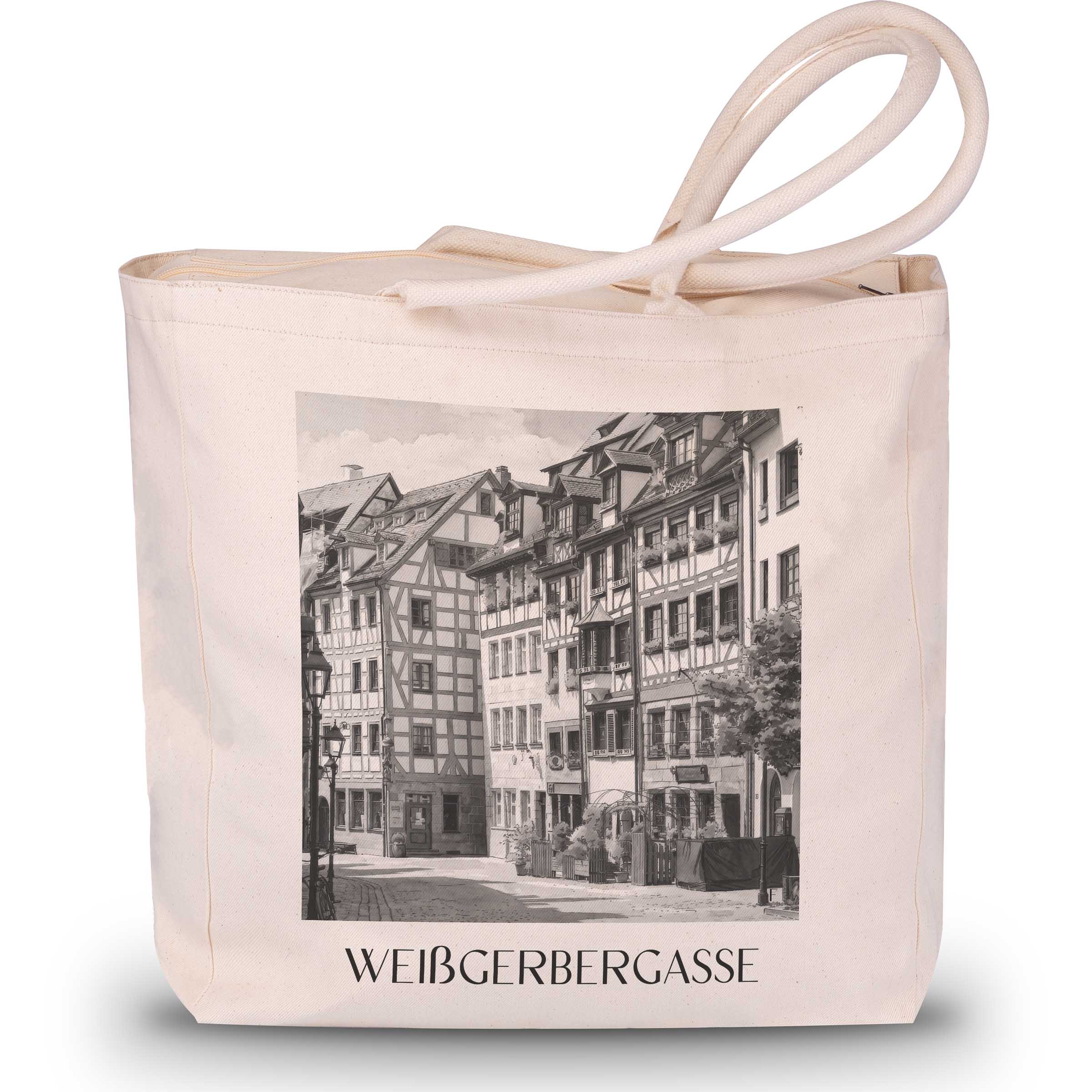 weißgerbergasse-nürnberg-deutschland-einkaufstasche-aquarell-schwarz-weiss