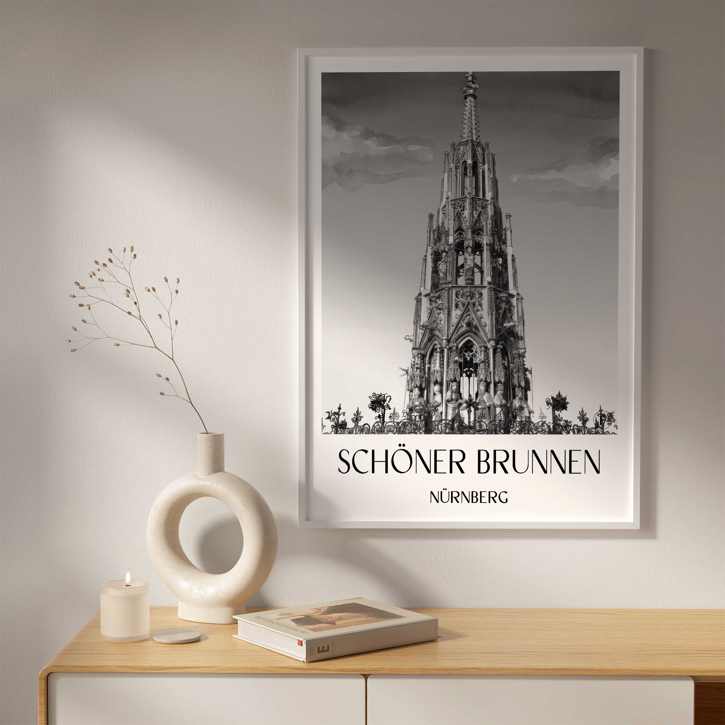 schöner-brunnen-nürnberg-deutschland-poster-aquarell-schwarz-weiss
