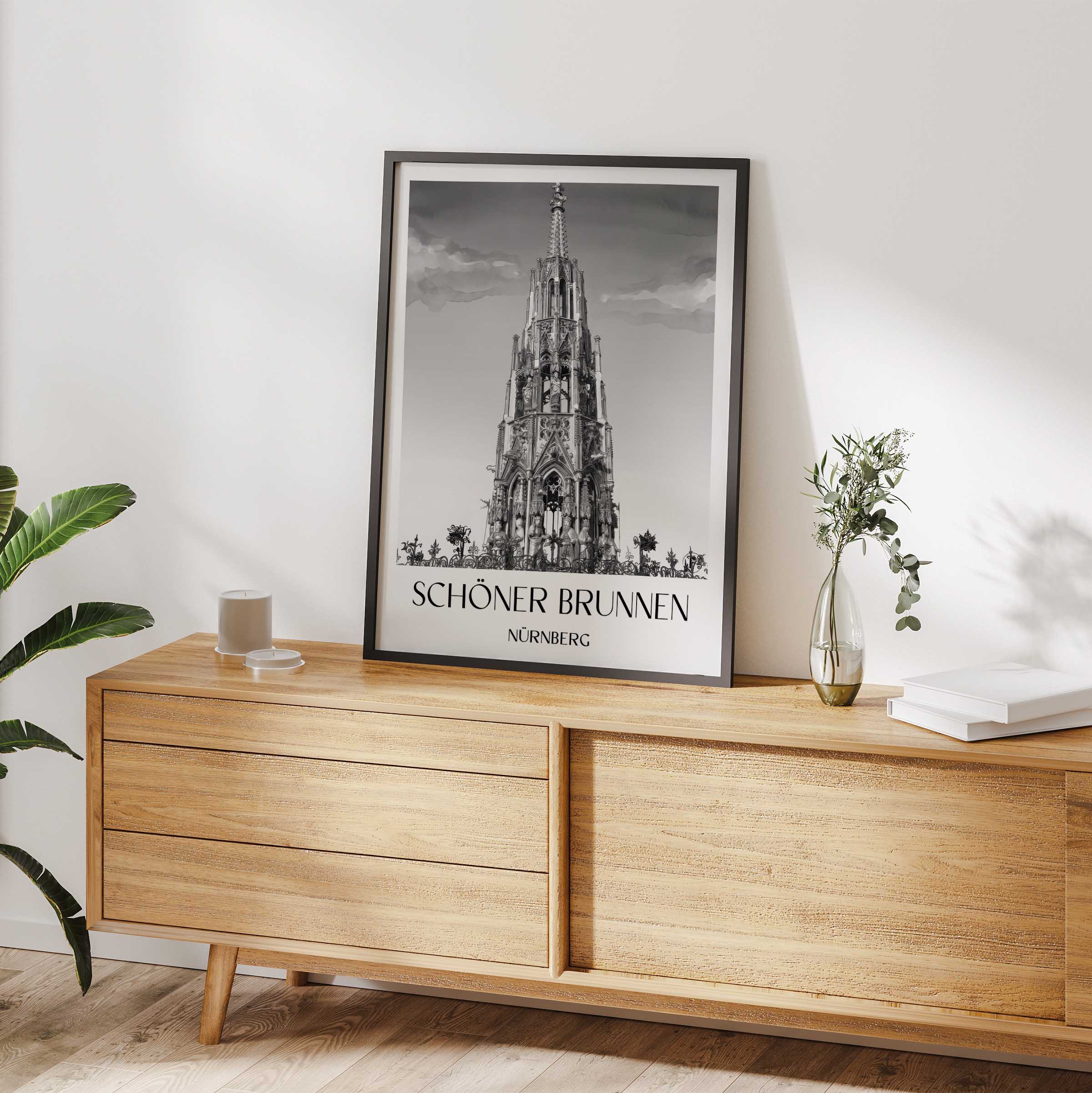 schöner-brunnen-nürnberg-deutschland-poster-aquarell-schwarz-weiss