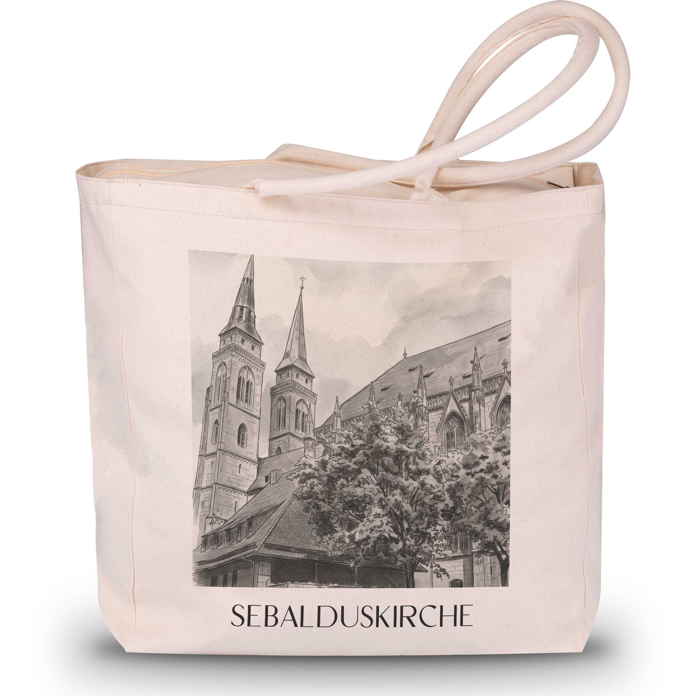 sebalduskirche-nürnberg-deutschland-einkaufstasche-aquarell-schwarz-weiss