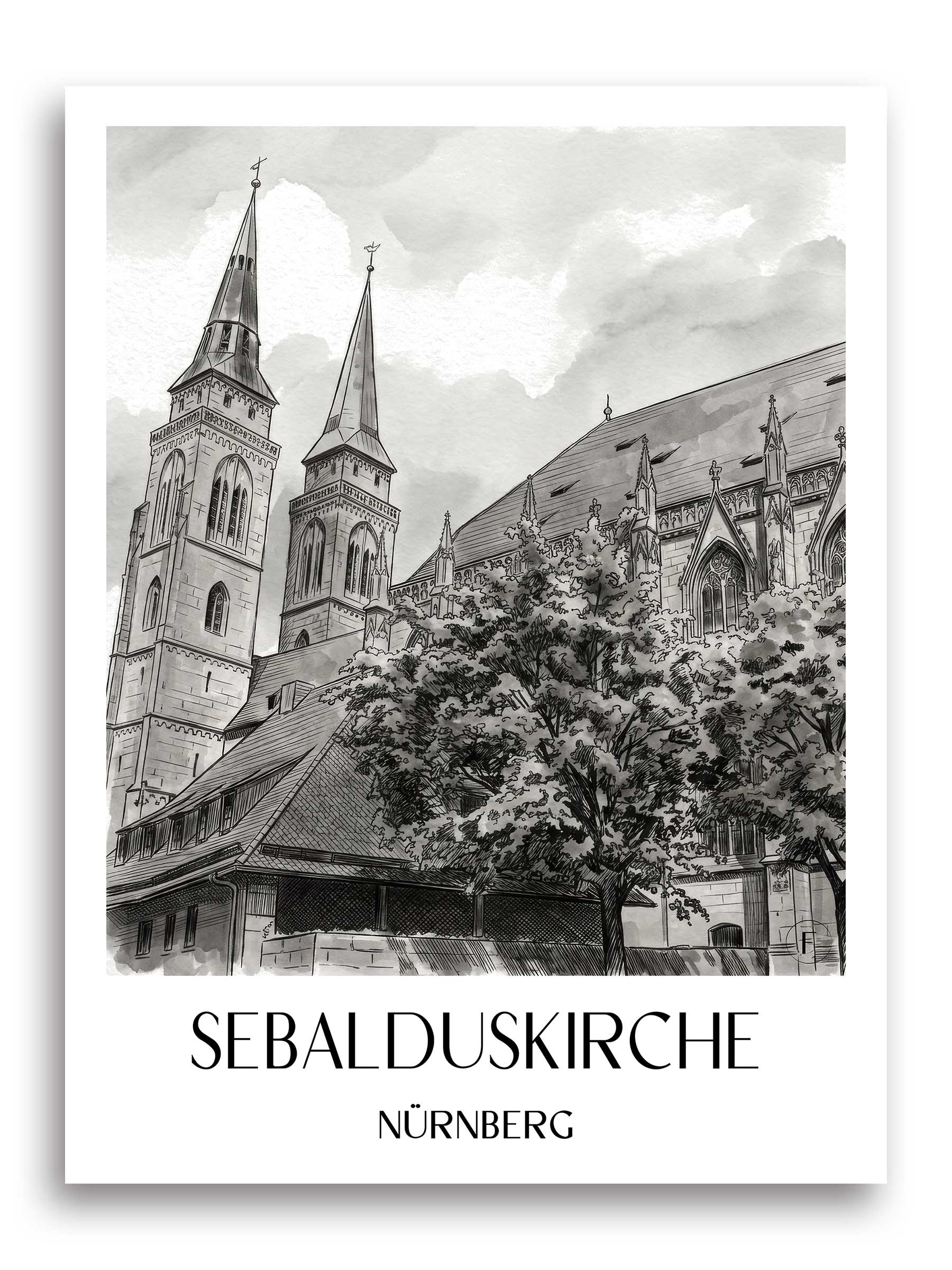 sebalduskirche-nürnberg-deutschland-poster-aquarell-schwarz-weiss