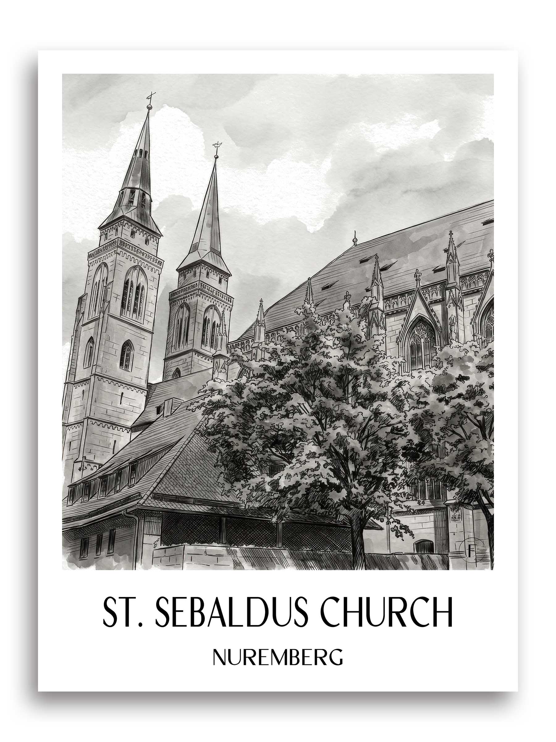 Sebalduskirche Poster - Nürnberg - Deutschland Kunstdruck - Aquarell Schwarz-Weiß von A4 bis A1